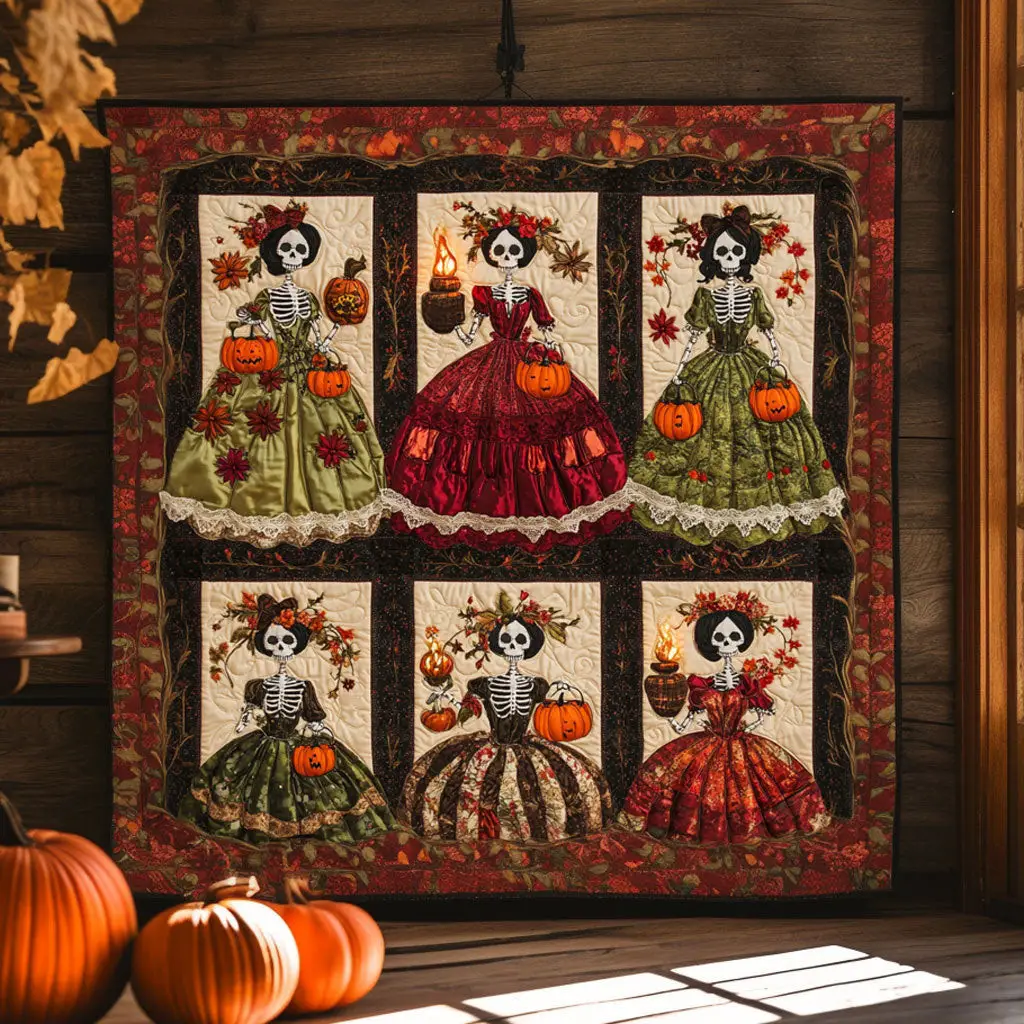 Skeleton Lady Quilt Blanket Amber Leaf Throw Blanket Ideal Holiday Skeleton Gifts Skeleton Lady Quilt Blanket Amber Leaf Throw Blanket Ideal Holiday Skeleton Gifts - Image 1