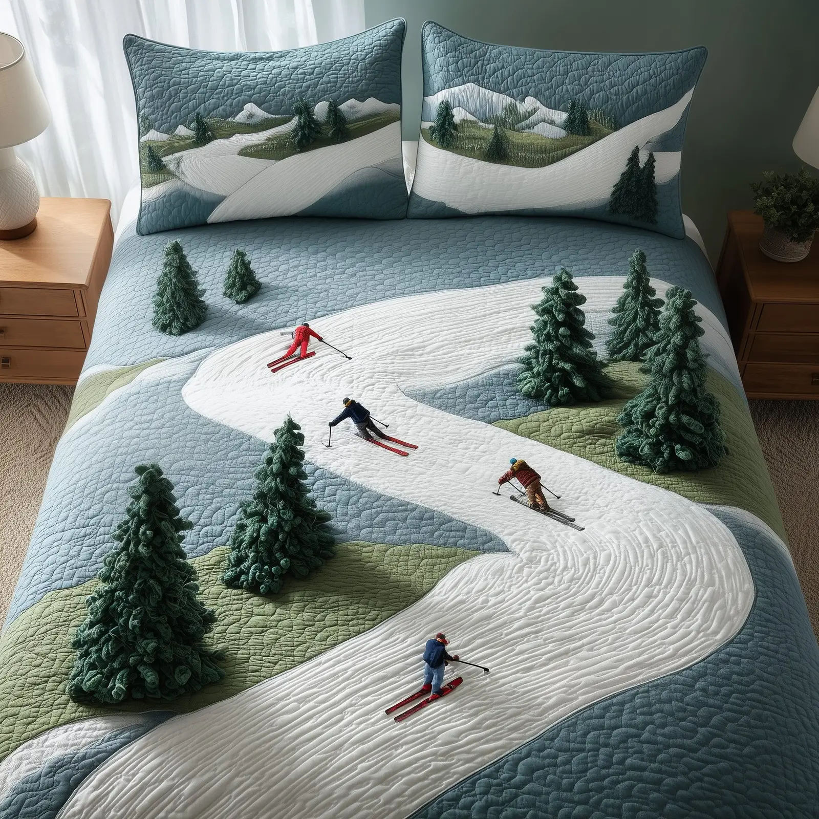 Ski Slope Quilted Bedding Set Bed Decor Winter Holiday Christmas Best Gifts For Skiers