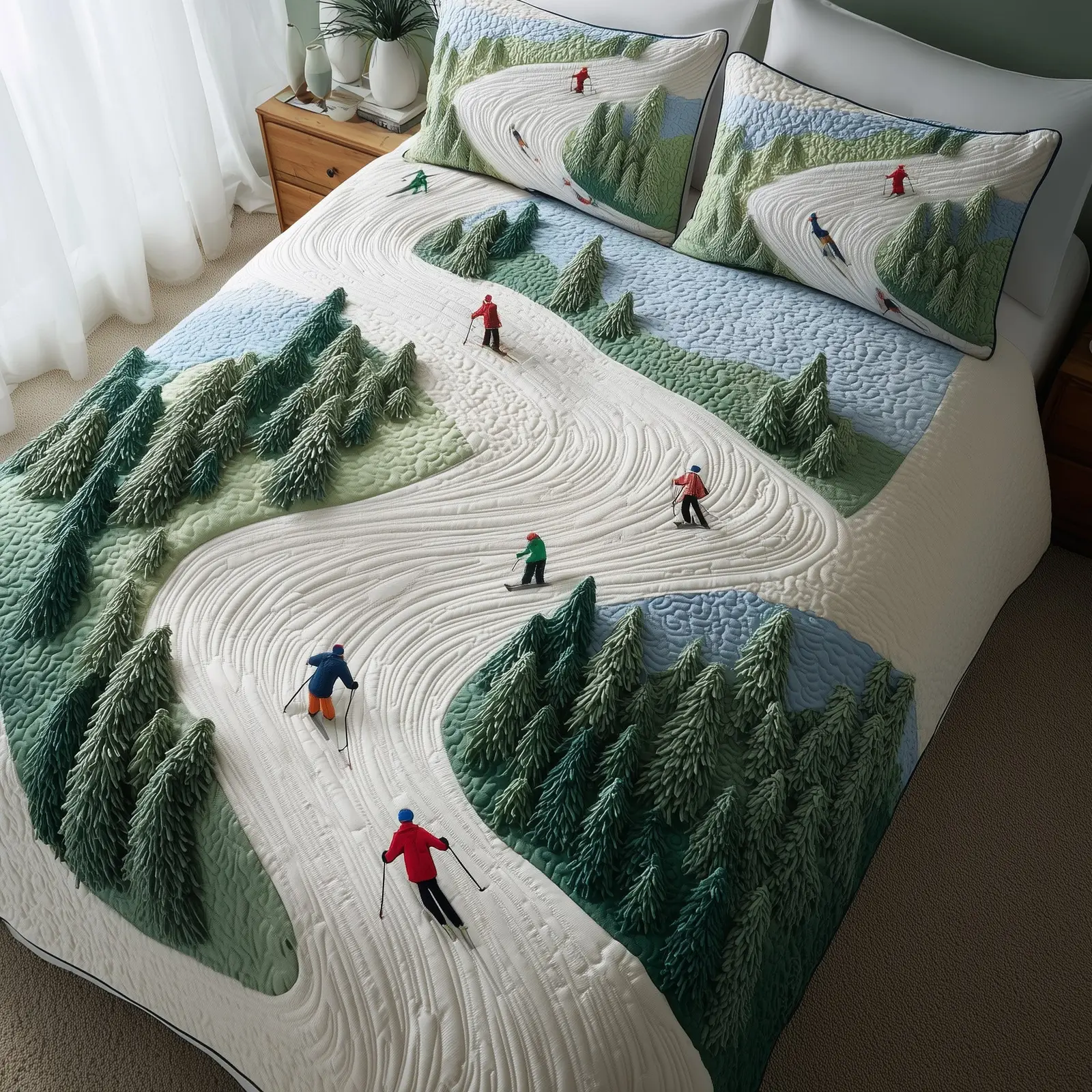 Ski Slope Quilted Bedding Set Bedspread Winter Holiday Christmas Gifts For Ski Lovers