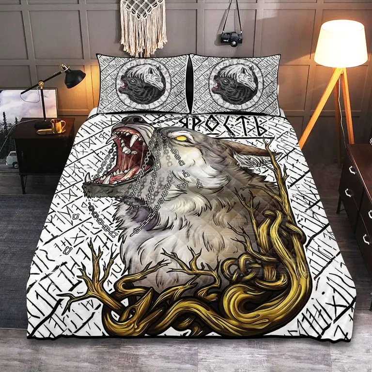 Skoll - Hati And Fenrir Viking Quilted Bedding Set Holiday Bedroom Decor Gift For Mom