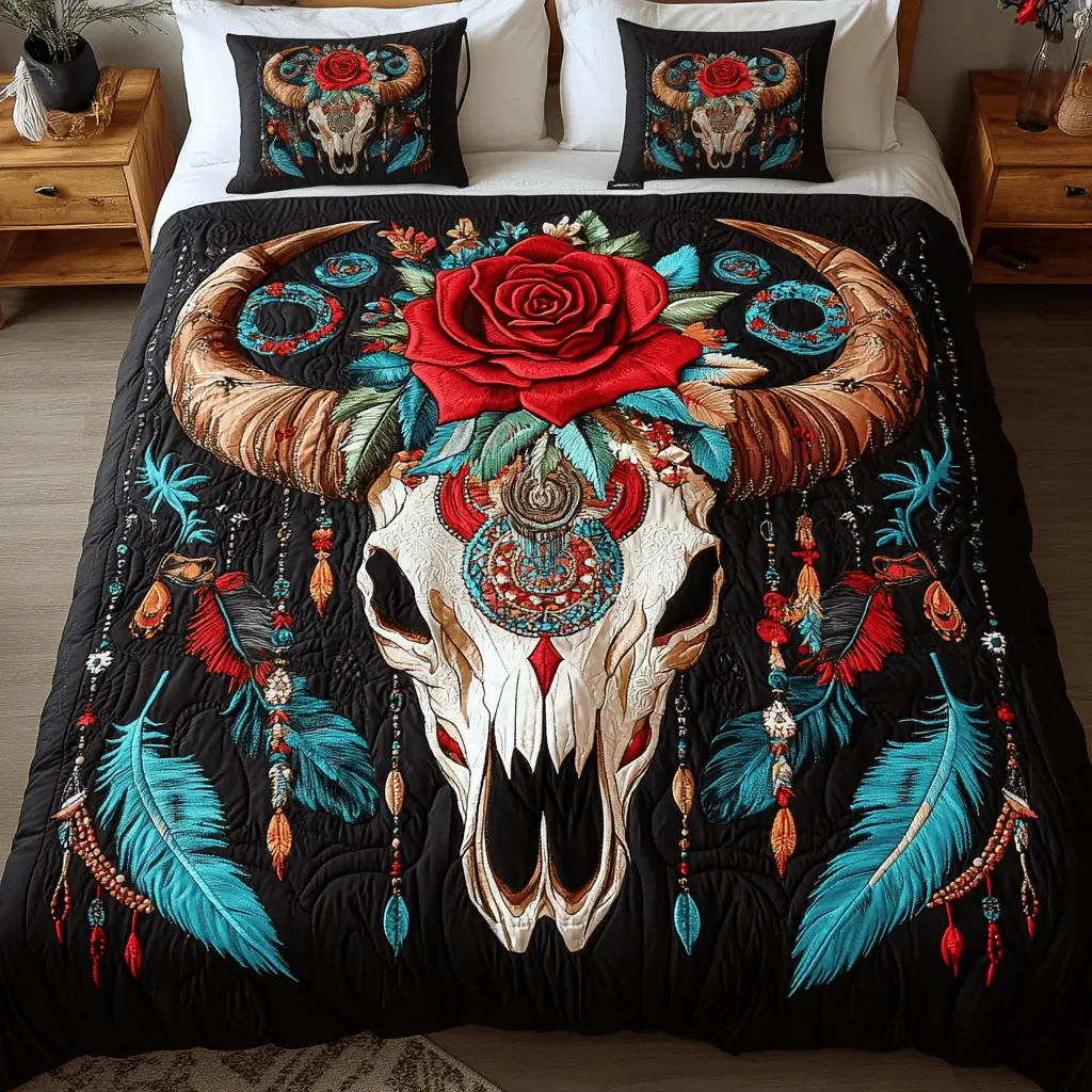 Skull Bloom Quilted Bedding Set Lightweight Duvet Cover Set for Year-Round Comfort