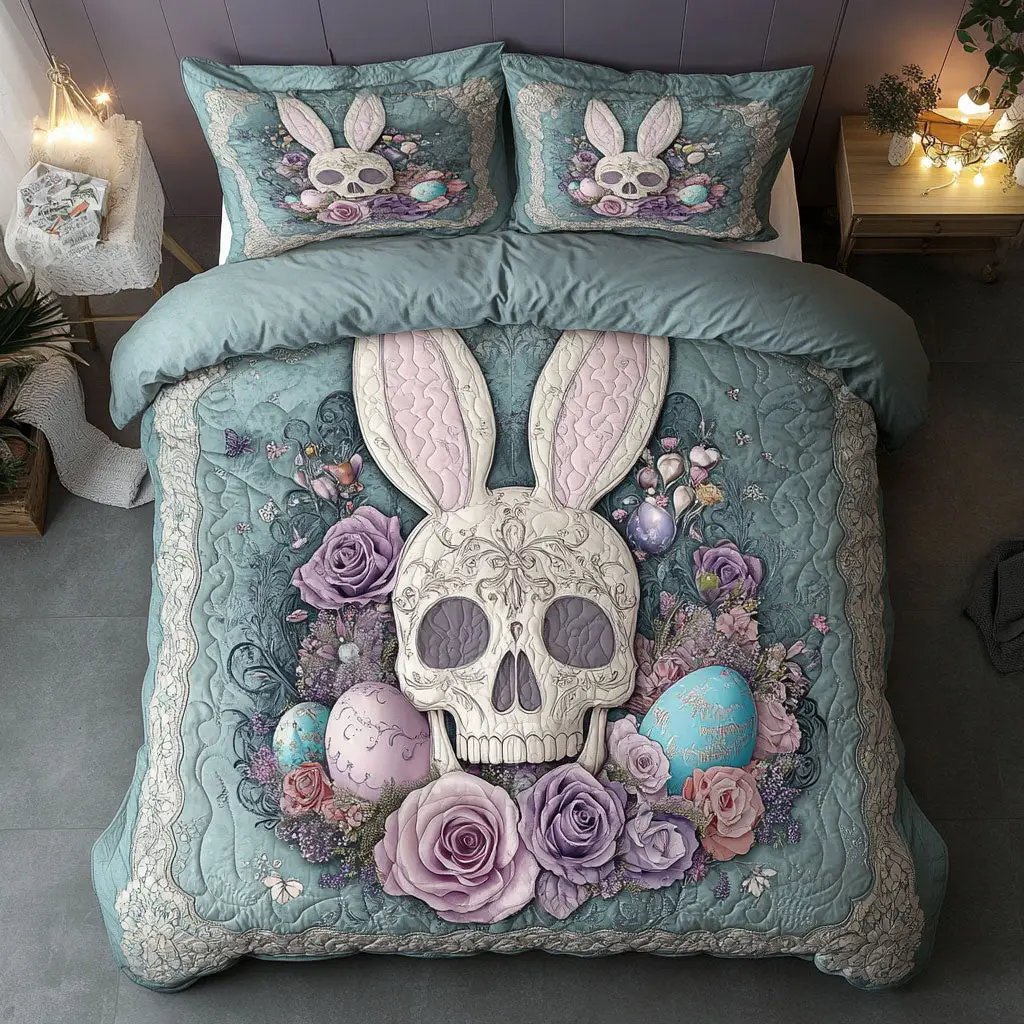 Skull Easter Eggs Quilted Bedding Set Autumn Inspired Bedroom Gifts For Skull Lovers