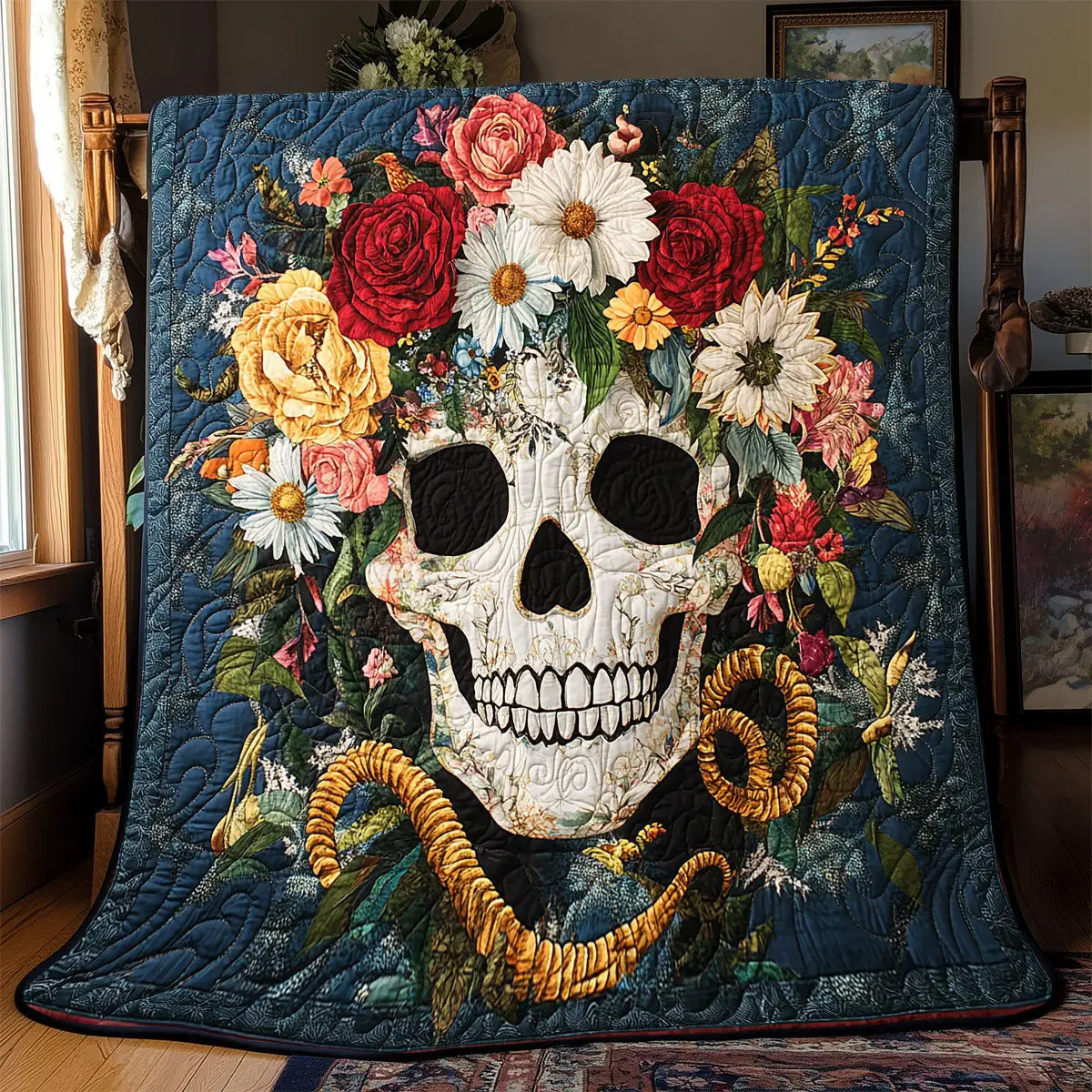 Skull Flower Quilt Blanket For Couch Mother's Day Presents For Grandma