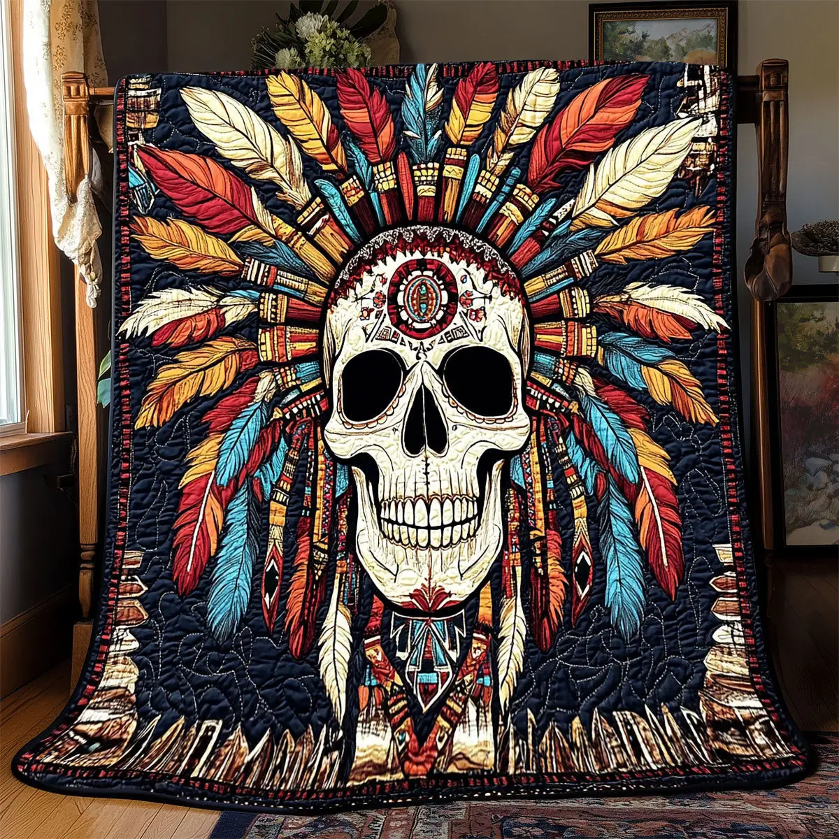 Skull Native American Quilt Blankets Best Throw Blanket Mother's Day Presents For Daughter