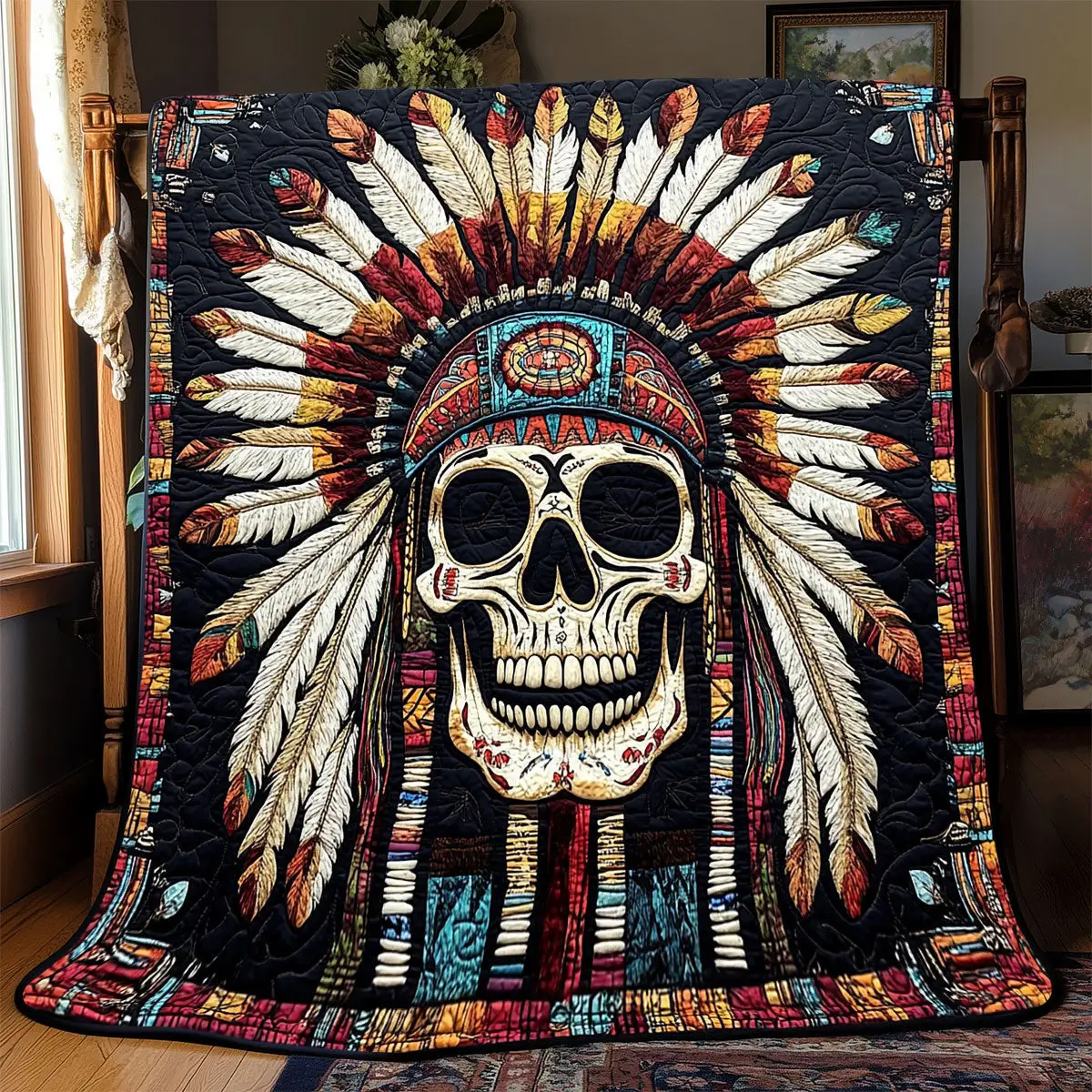 Skull Native American Quilt Blankets Best Throw Blanket Mother's Day Presents For Grandma