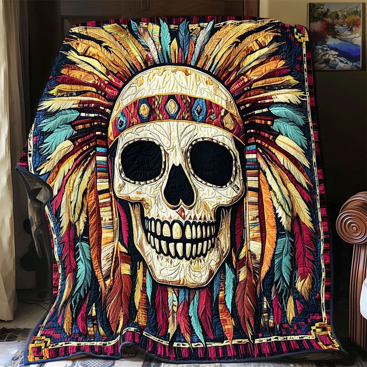 Skull Native American Quilt Blankets Dad Gifts For Father's Day 2025