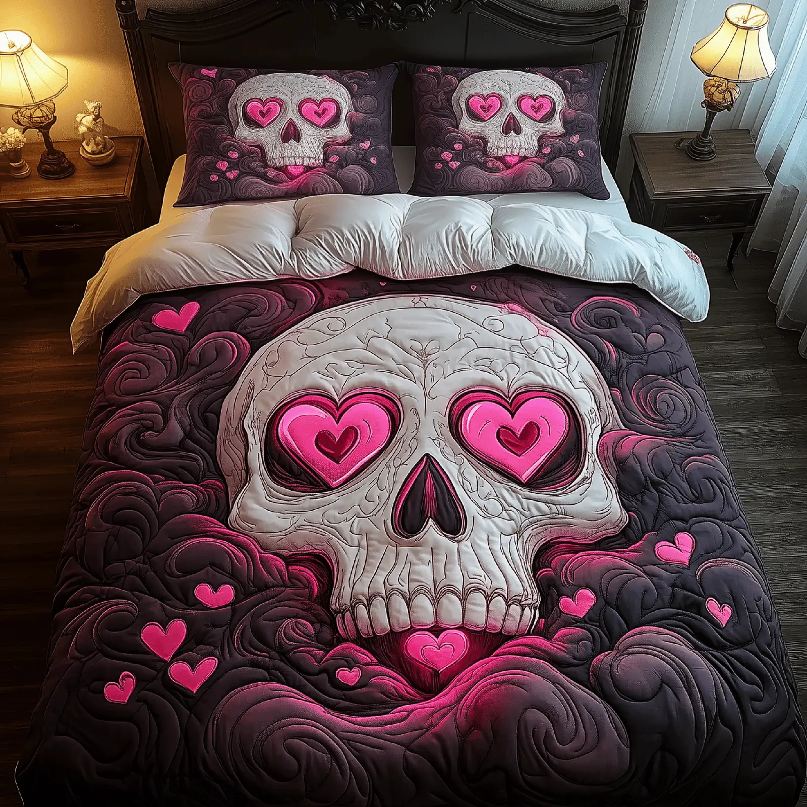 Skull Quilted Bedding Set Pink Skull Duvet Cover Nice Valentine Day Gift For Father In Law
