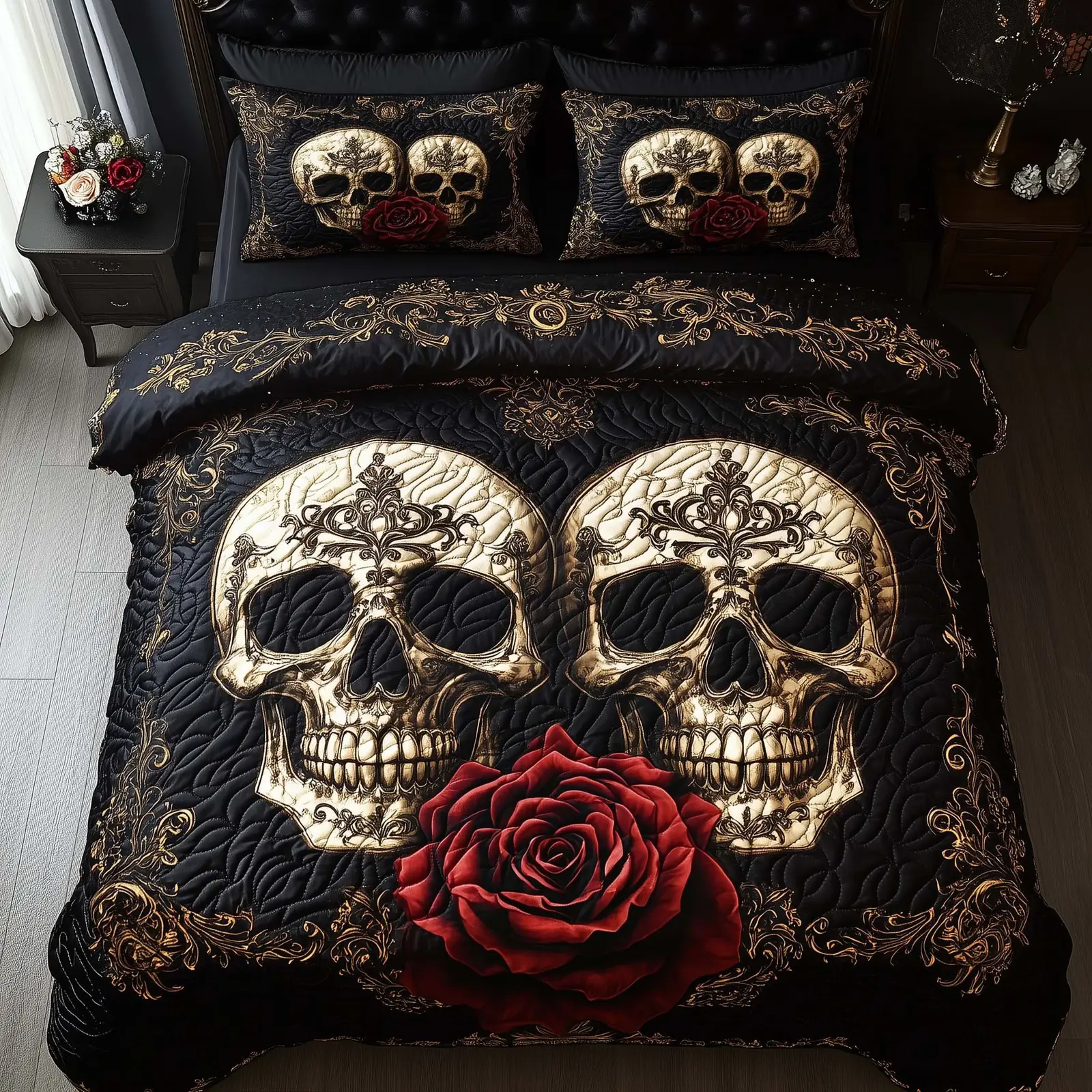 Skull Quilted Bedding Set Romantic Gothic Skulls Duvet Cover Valentine Day Gift For Him