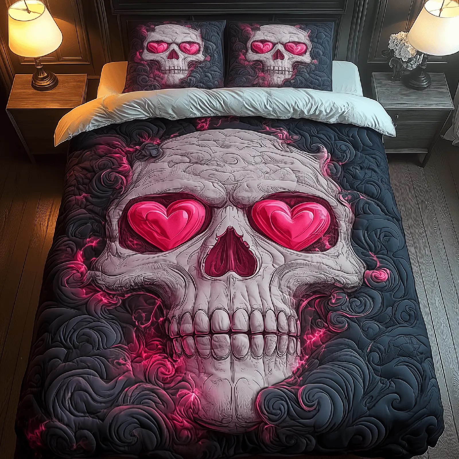 Skull Quilted Bedding Set Valentine Day Bedspread Set Presents For Skull Lovers
