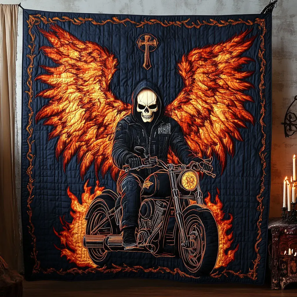 Skull Rider Fiery Wings Quilt Thoughtful Holiday Gift Featuring Quilt Blanket Skull Rider Fiery Wings Quilt Thoughtful Holiday Gift Featuring Quilt Blanket - Image 1