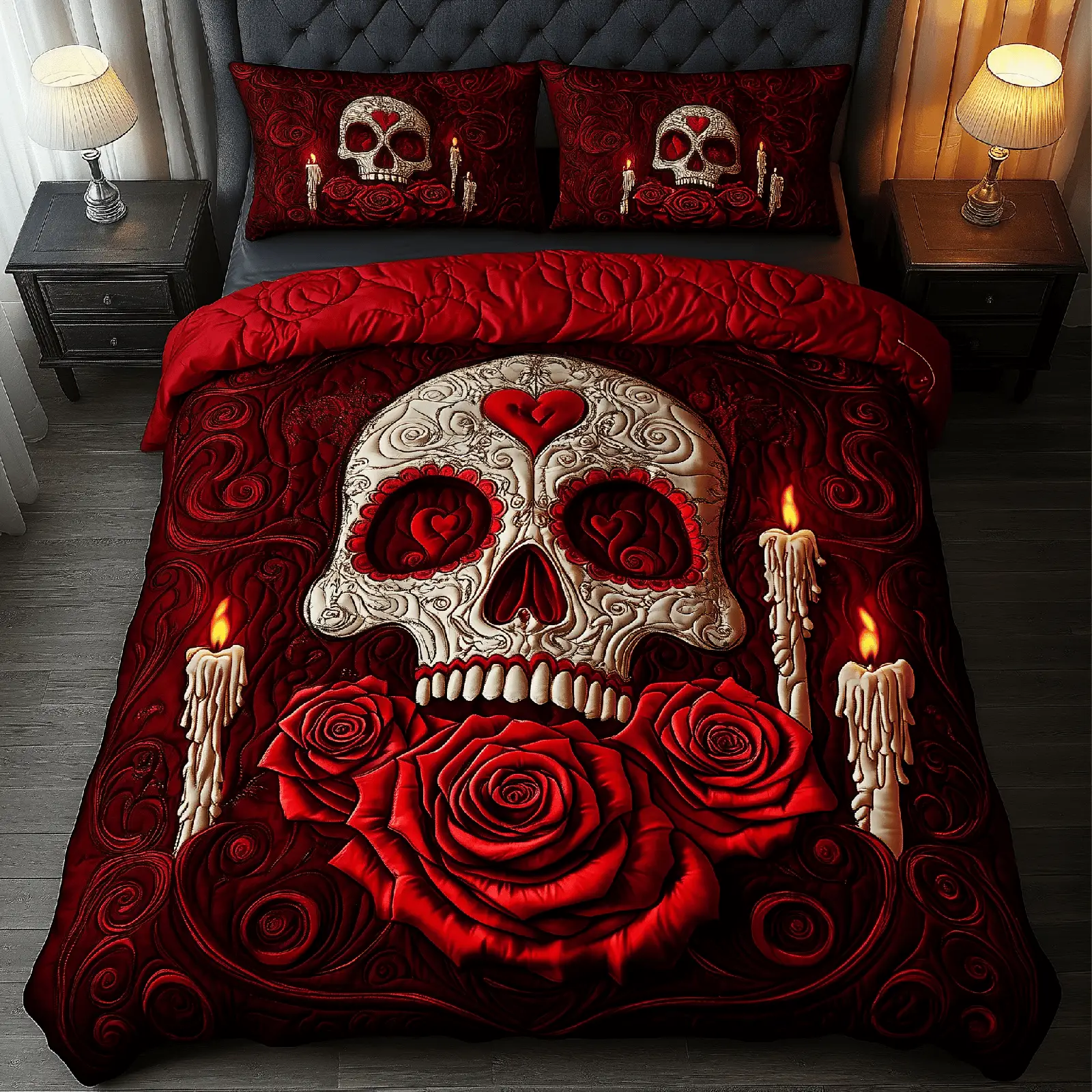 Skull Rose Dinner Quilted Bedding Set Valentine Day Gift Ideas For Her Skull Rose Dinner Quilted Bedding Set Valentine Day Gift Ideas For Her - Image 1