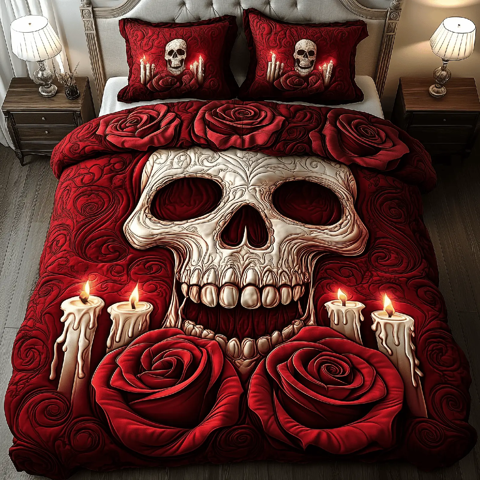 Skull Rose Quilted Bedding Set Red Valentine Day Presents For The Whole Family