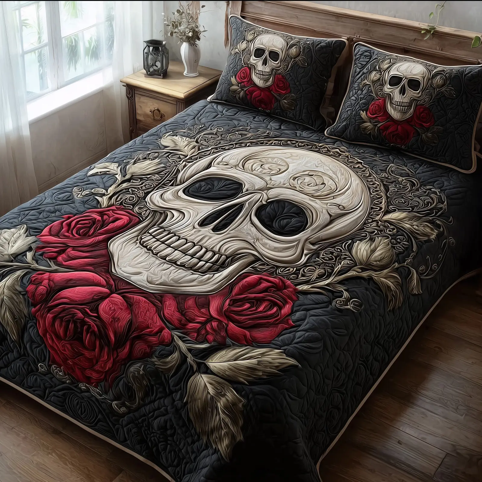 Skull Serenity Quilted Bedding Set Bedroom Decor Skull Related Gifts