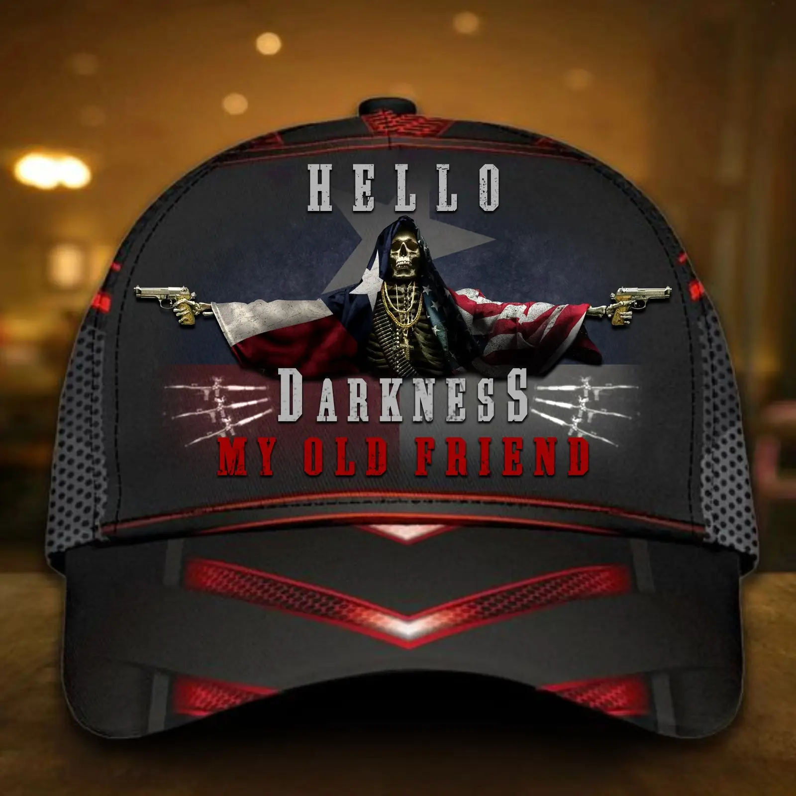 Skull Texas And American Flag Hat Hello Darkness My Old Friends Hat -WearandDecor