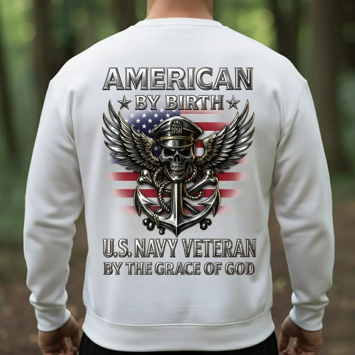 Skull US Navy Veteran By The Grace Of God Sweatshirt Proud USN Clothing Gifts For Navy Veterans
