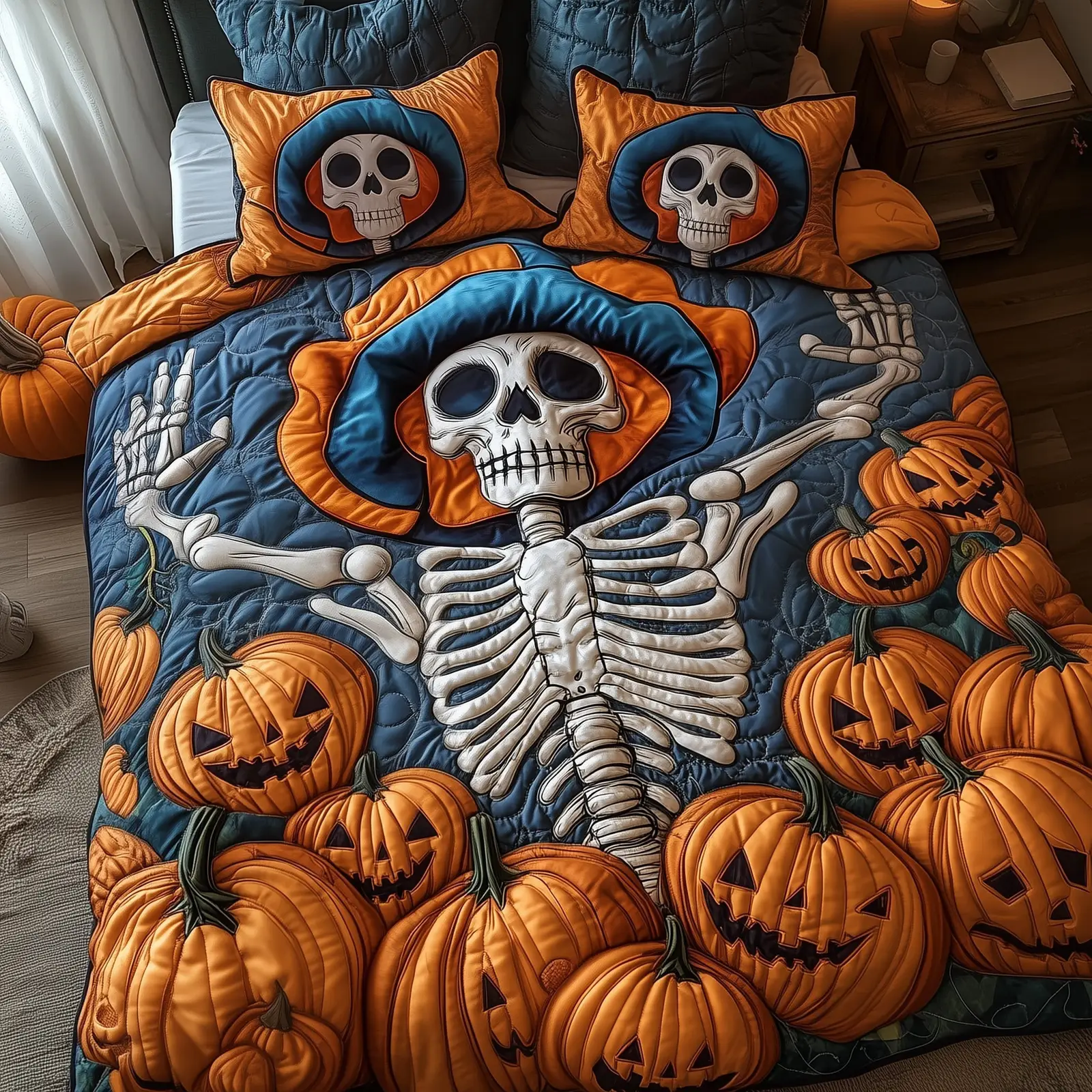 Skull With Pumpkin Quilted Bedding Set Duvet Cover Bedspread Pumpkin Spooky Halloween Gifts