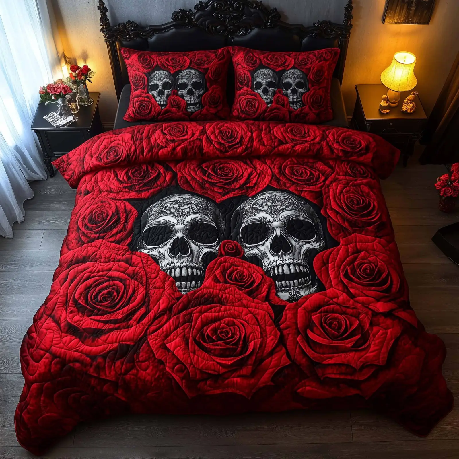 Skull With Rose Quilted Bedding Set Cool Valentine Day Gifts For The Man