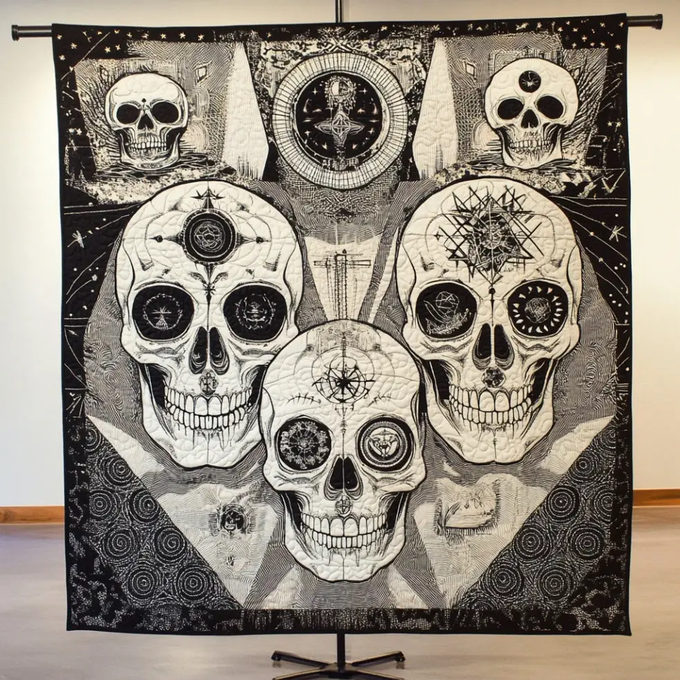 Skulls Celestial Trinity Quilt Blanket Art Throw Blanket Geometric Gift Ideas For Her