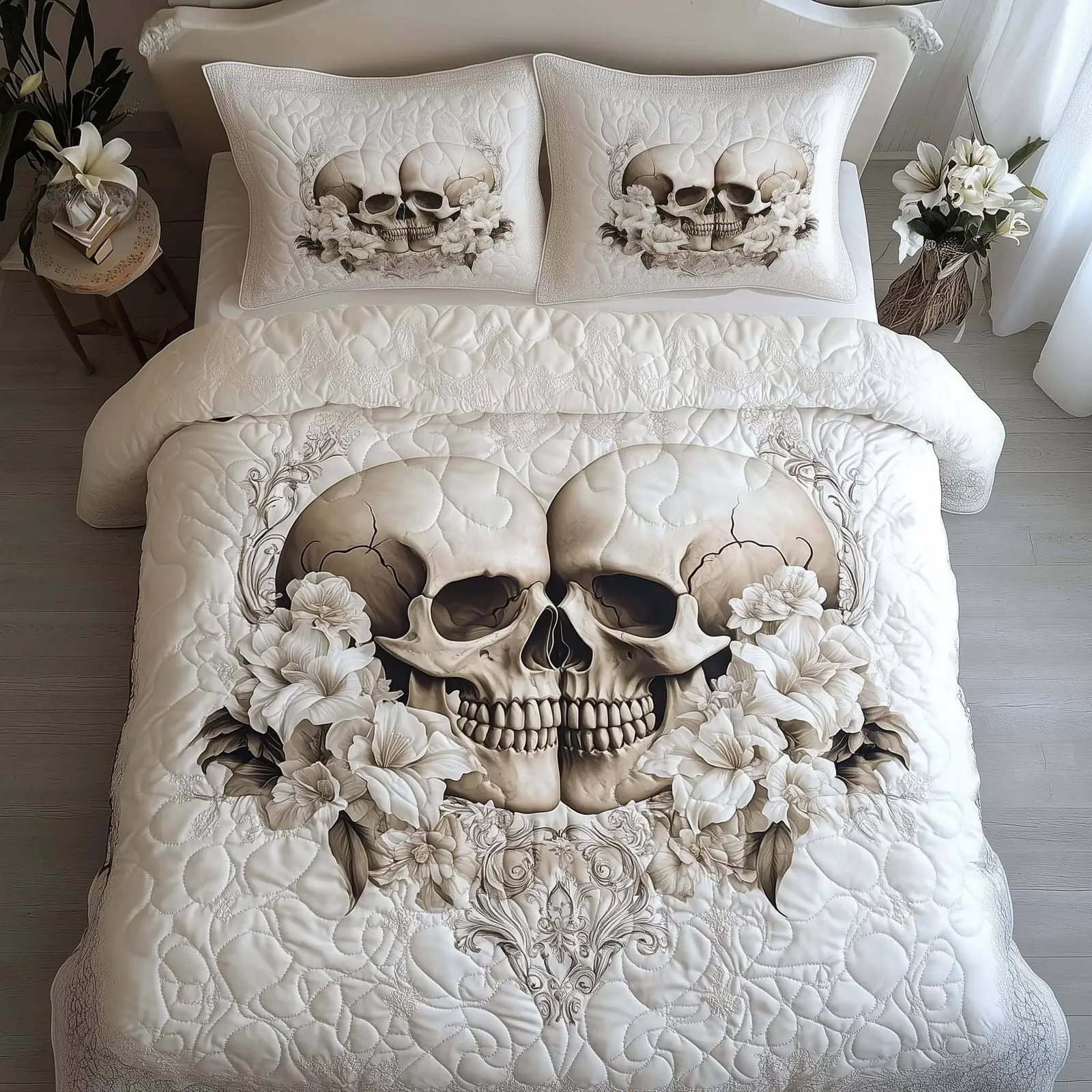 Skulls Quilted Bedding Set Romantic Gothic Valentine Day Gift Exchange Ideas For Skull Lover
