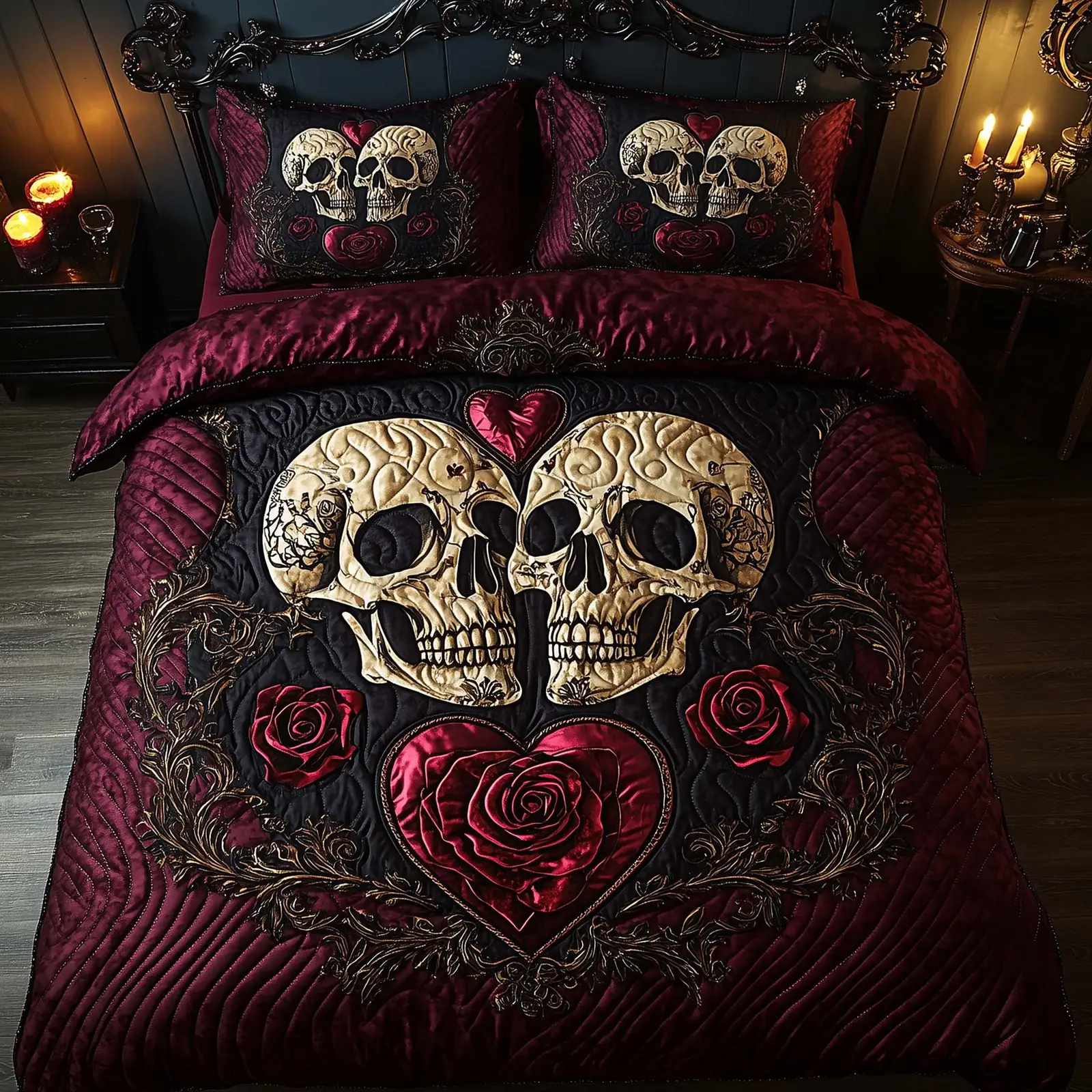 Skulls Romantic Gothic Quilted Bedding Set Valentine Day Gifts For Friends