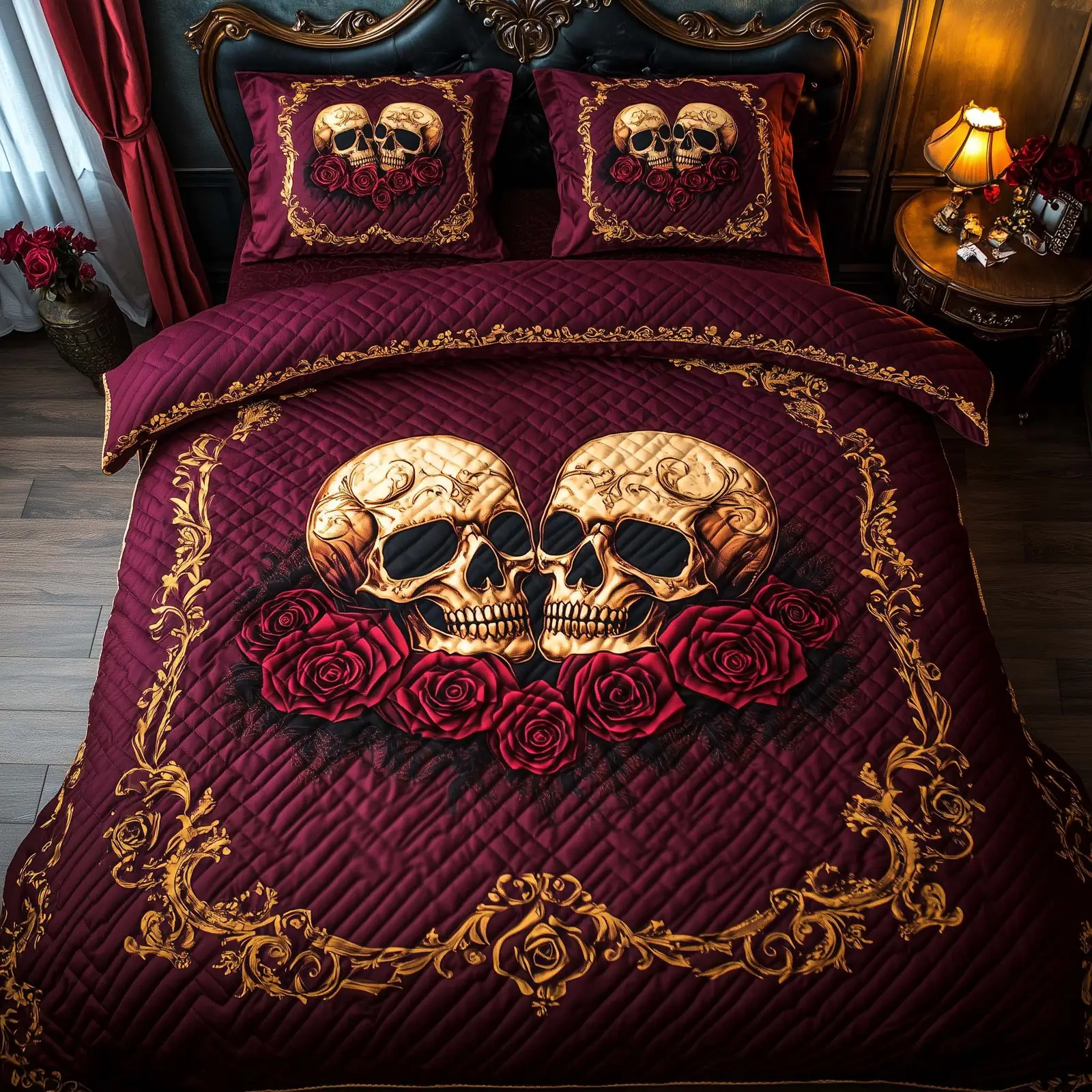 Skulls Romantic Gothic Quilted Bedding Set Valentine Day Ideas For Men