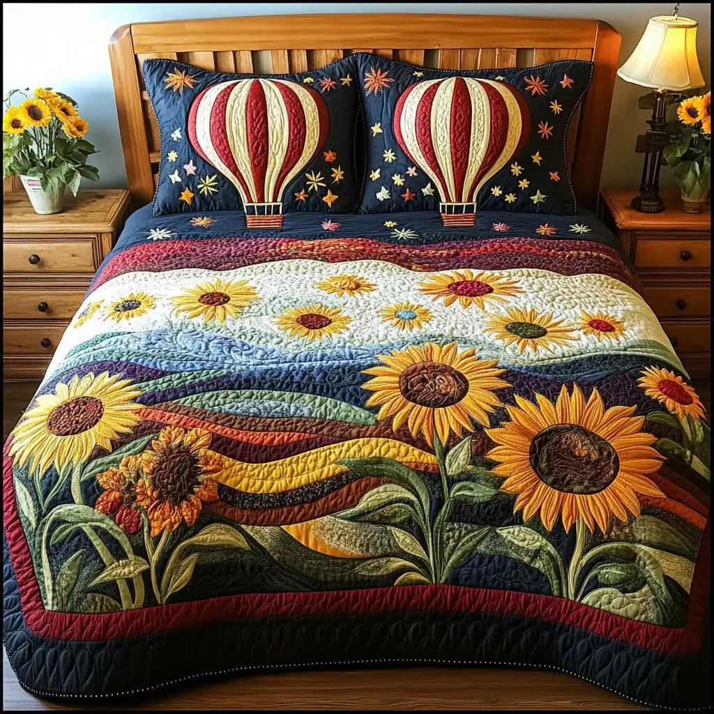 Skybound Sunflowers Quilted Bedding Set Cute Bedroom Decor Sky Air Balloon Gifts For Adults