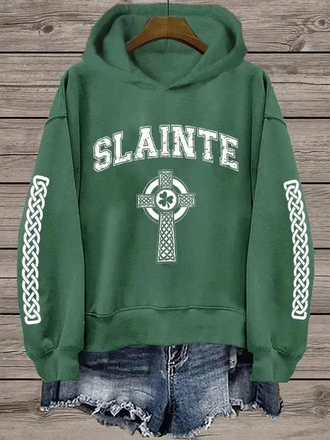 Slainte Celtic Cross Hoodie St Patrick's Day Green Irish Pride Knot Sleeve Party Outfit