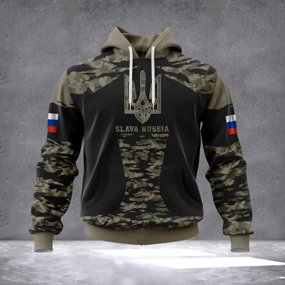Slava Russia Camo Hoodie Russian Flag Trident Ukraine Merch Clothing