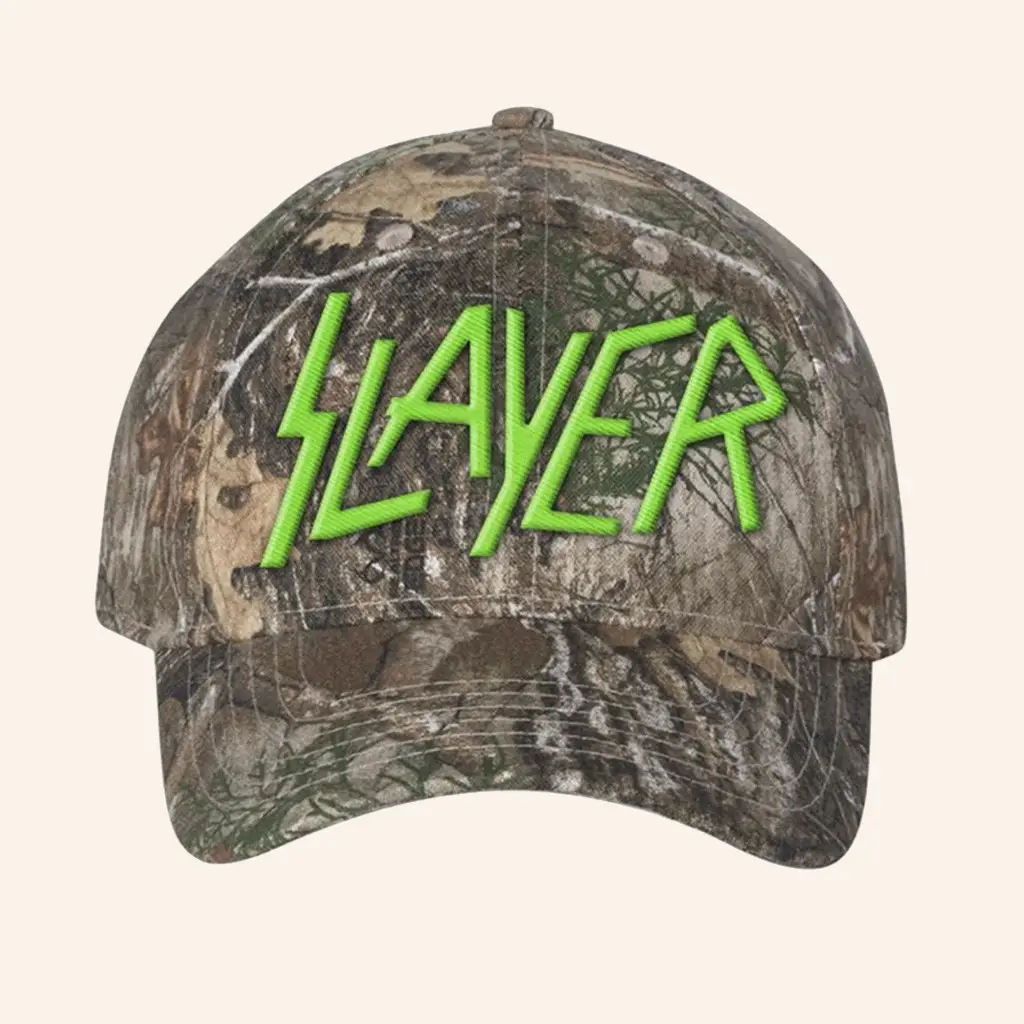 Slayer Merch Green Embroidered Logo Camo Hat Best Gifts For Music Lovers - Wear&Decor