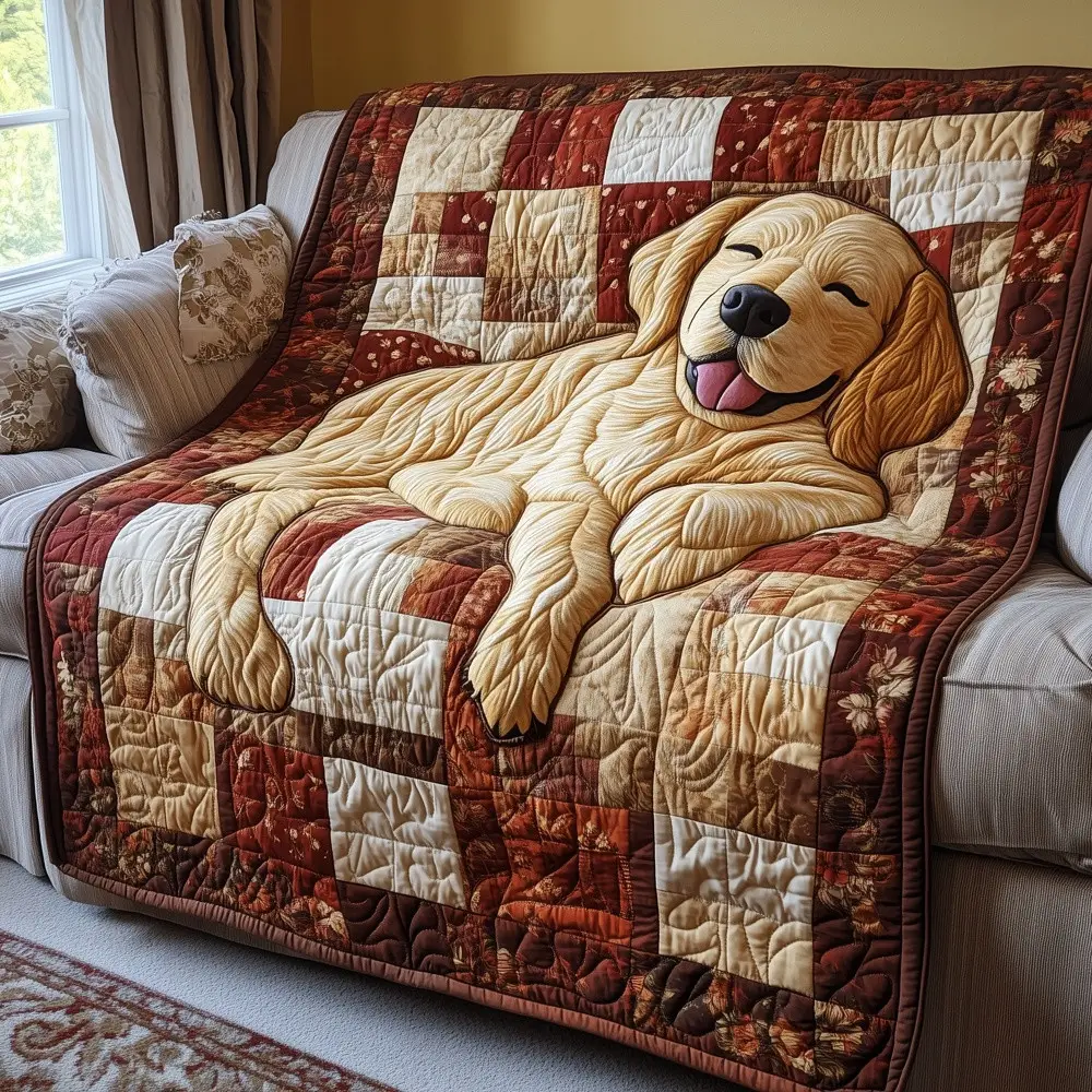 Sleepy Golden Retriever Quilted Blanket Cute Dog Patchwork Art Cozy Throw Best Gift For Dog Lovers