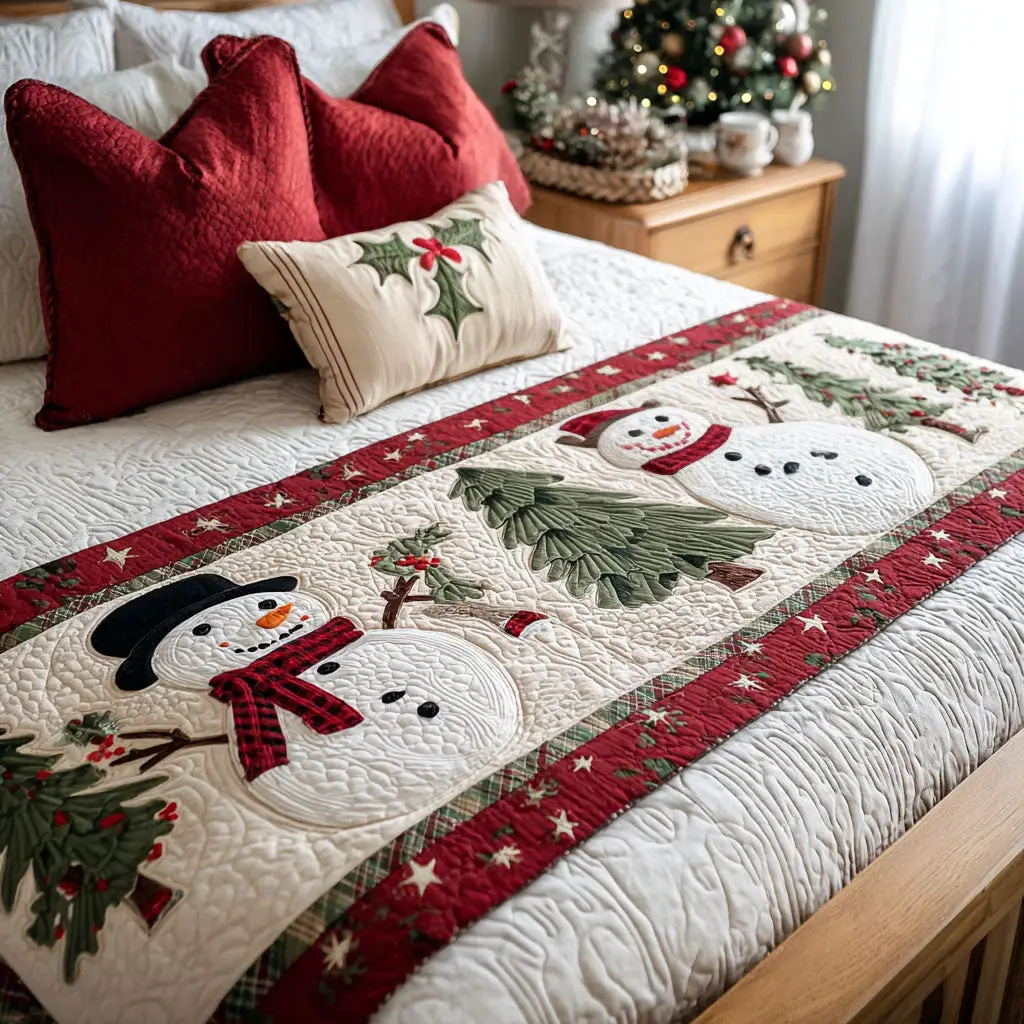 Smiling Snowman Quilted Bed Runner Happy Snowman Theme Gift for Children