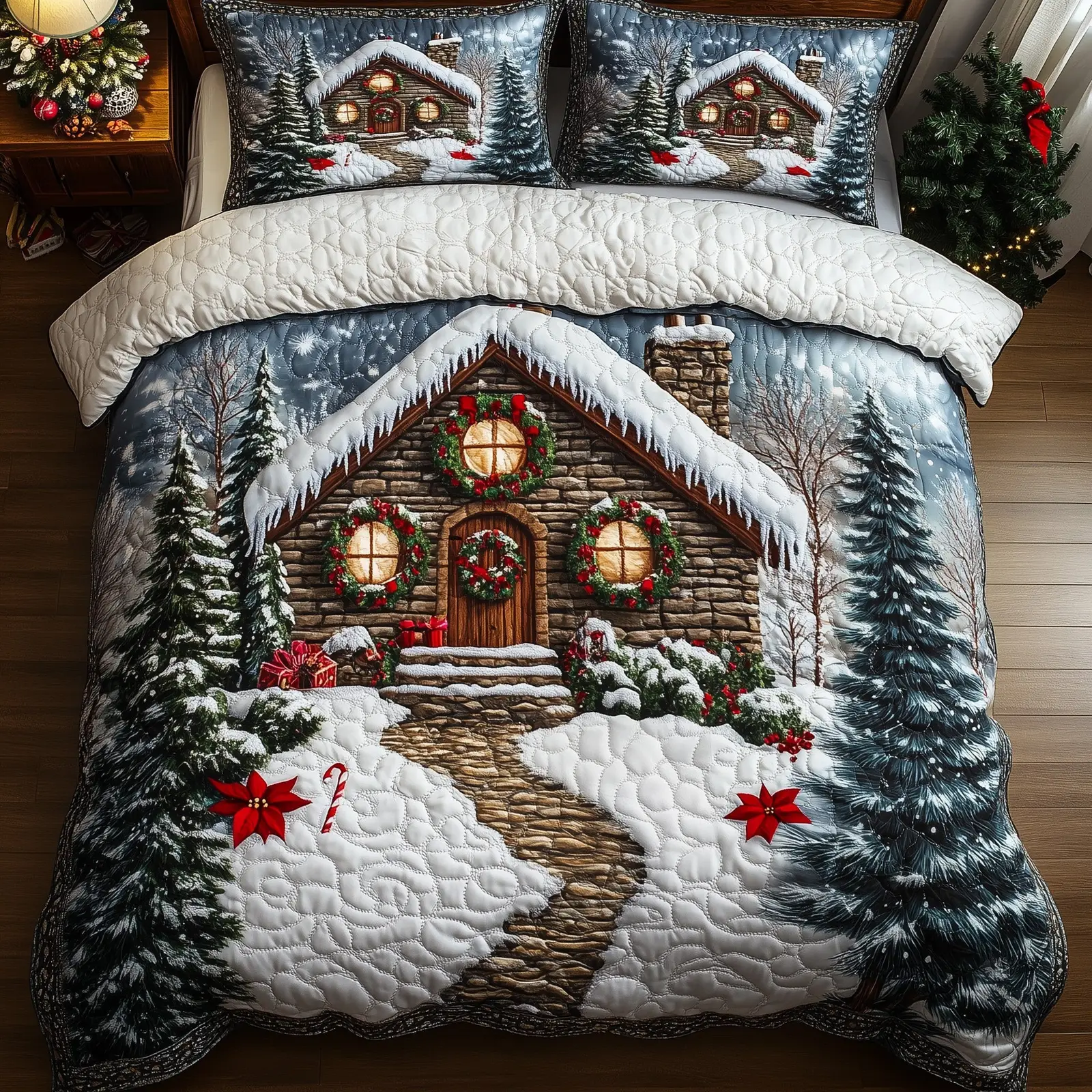 Snow Cabin Christmas Quilted Bedding Set Duvet Cover Bedspread Gifts For Winter Holiday