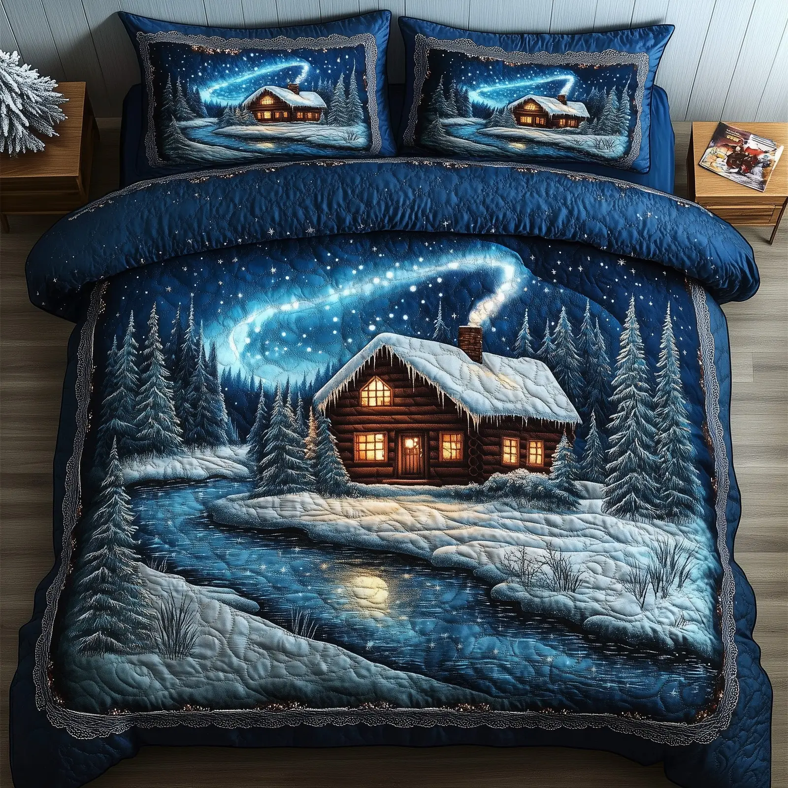 Snow Cabin Christmas Quilted Bedding Set Duvet Cover Bedspread Winter Gifts For Friends