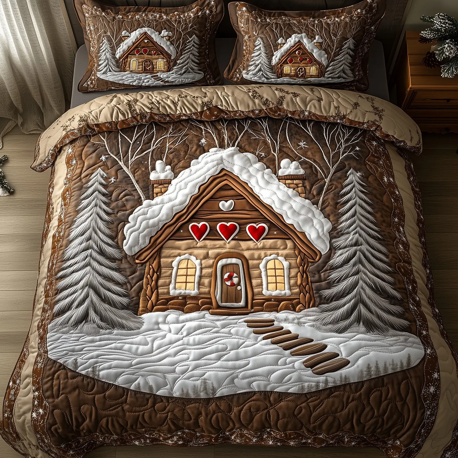 Snow Cabin Christmas Quilted Bedding Set Duvet Cover Bedspread Winter Gifts For Girlfriend