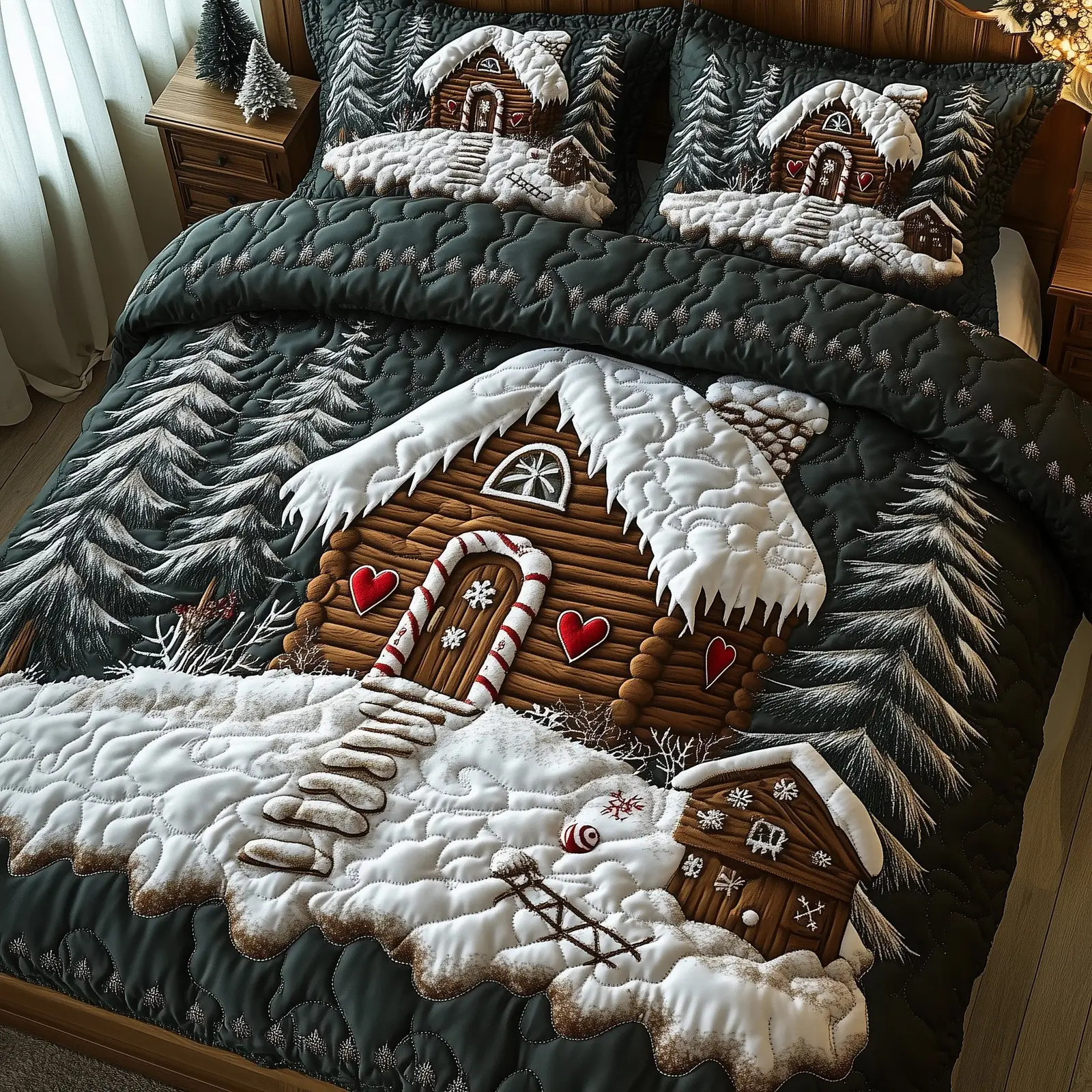 Snow Cabin Christmas Quilted Bedding Set Duvet Cover Bedspread Winter Gifts For Husband