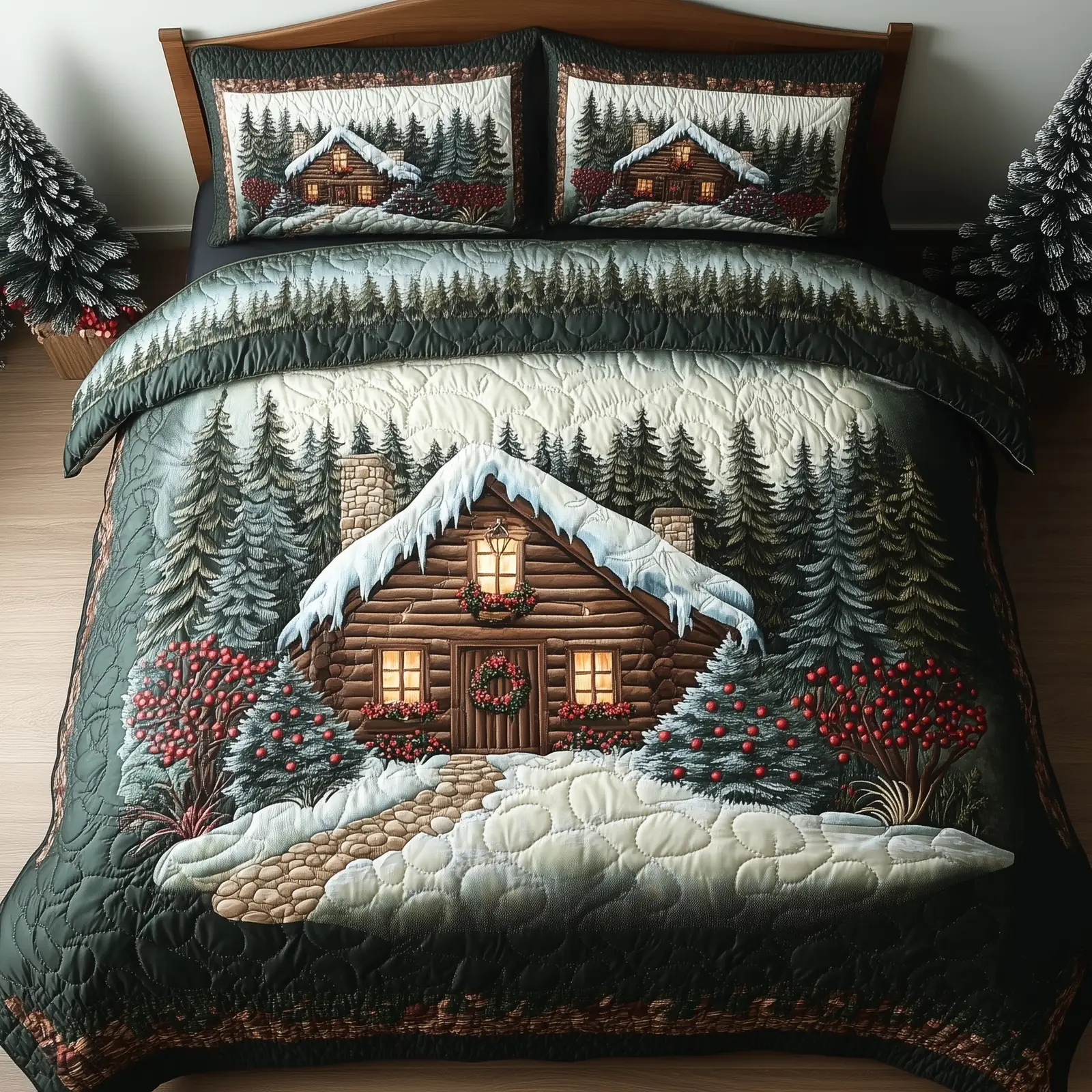 Snow Cabin Christmas Quilted Bedding Set Duvet Cover Bedspread Winter Gifts For Mom