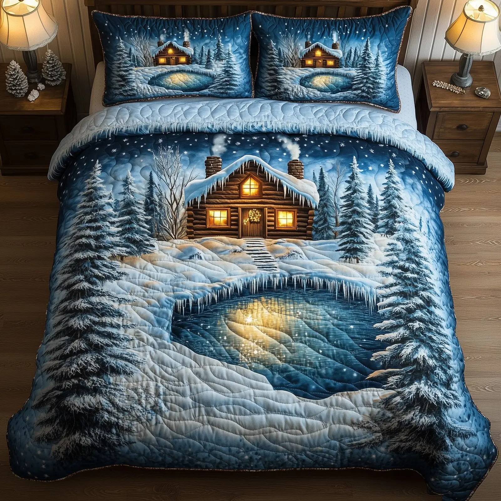 Snow Cabin Christmas Quilted Bedding Set Duvet Cover Bedspread Winter Gifts For Wife