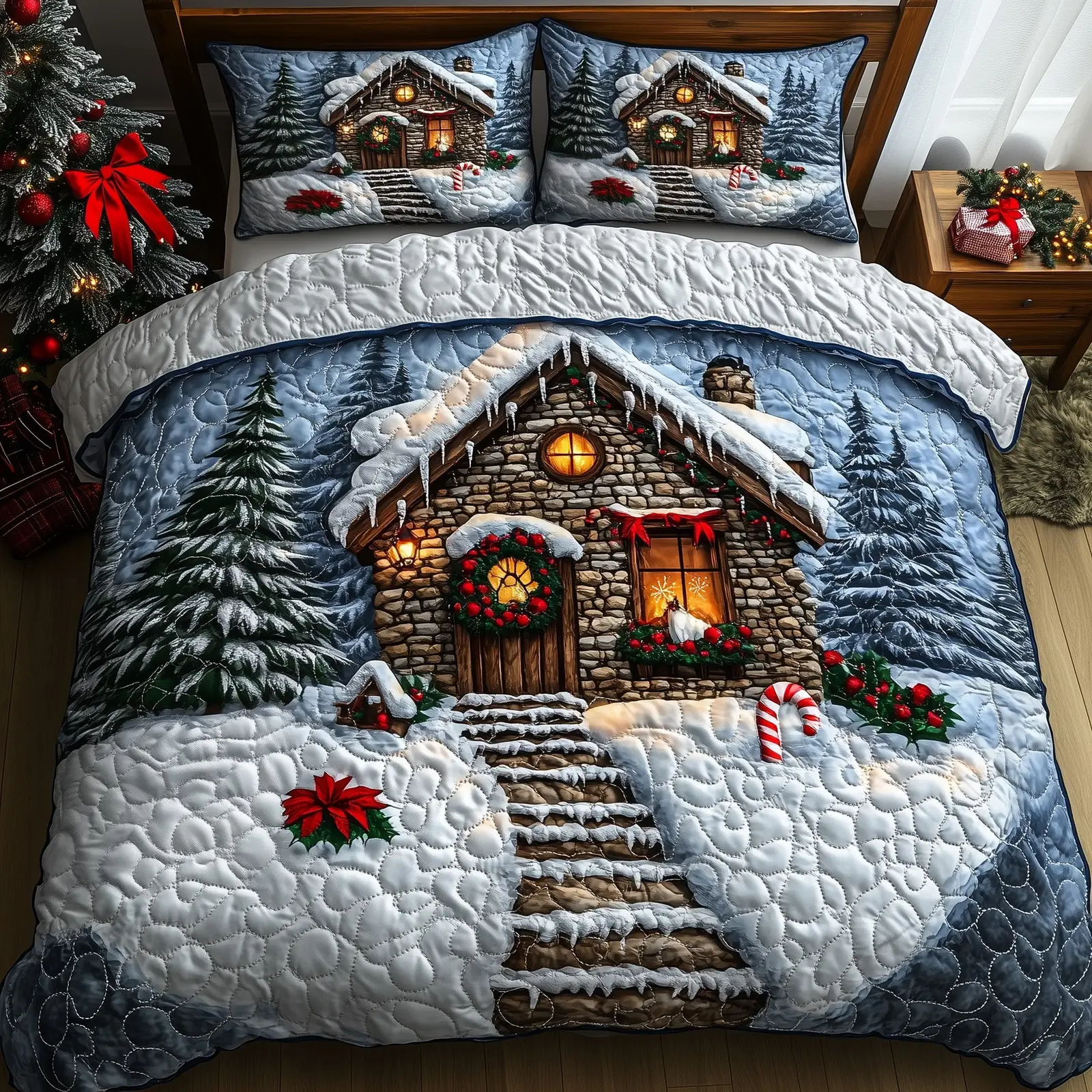 Snow Cabin Christmas Quilted Bedding Set Duvet Cover Bedspread Winter Holiday Gift Ideas