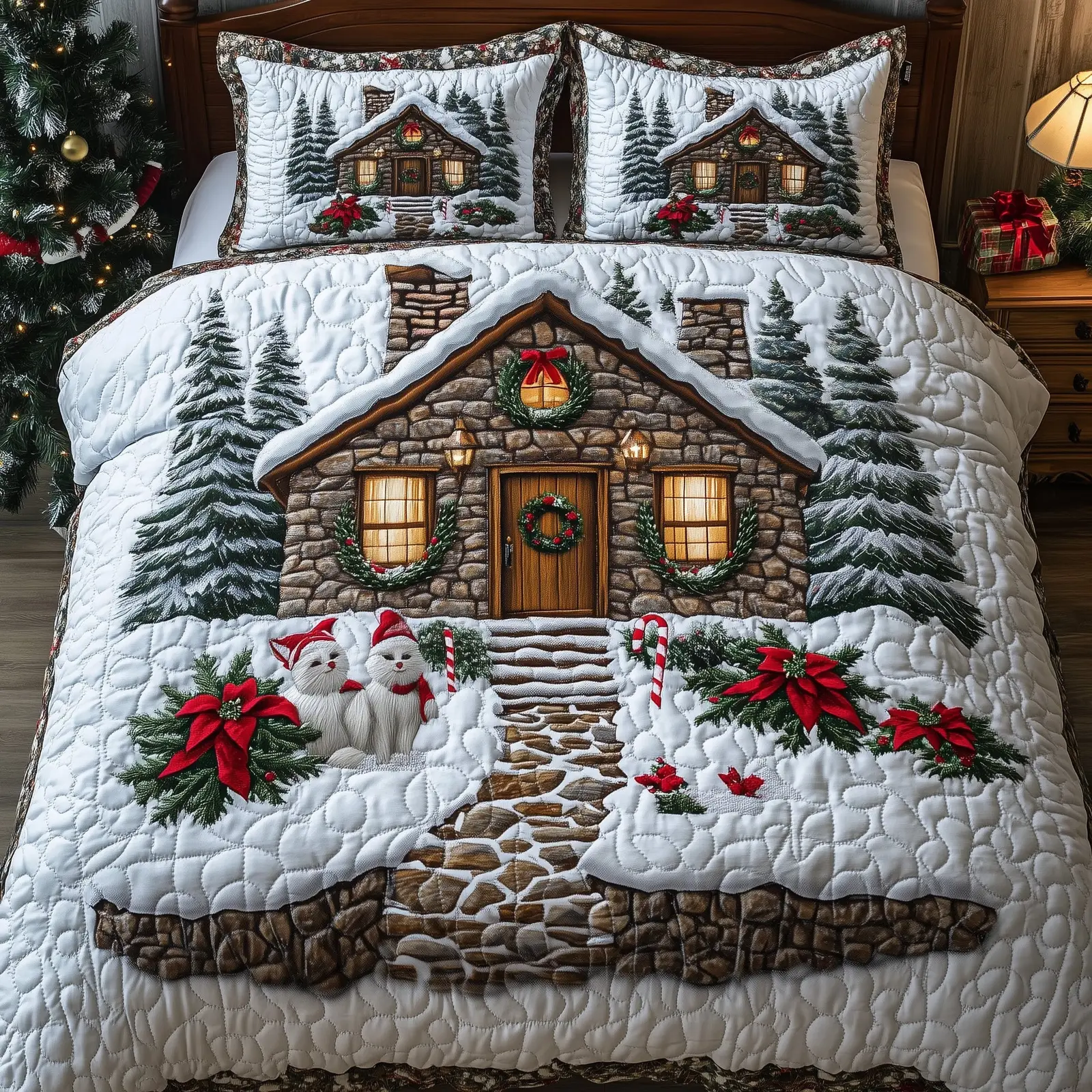 Snow Cabin Christmas Quilted Bedding Set Duvet Cover Bedspread Winter Holiday Gifts For Family