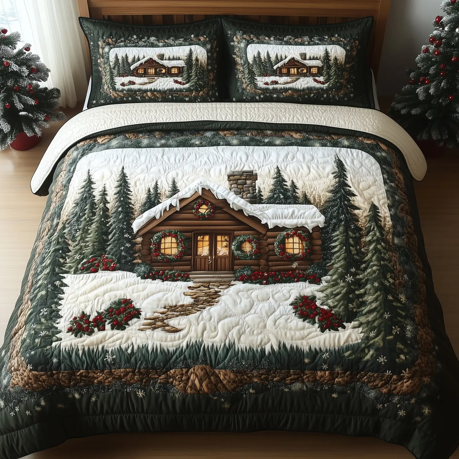 Snow Cabin Christmas Quilted Bedding Set Duvet Cover Bedspread Winter Holiday Gifts Snow Cabin Christmas Quilted Bedding Set Duvet Cover Bedspread Winter Holiday Gifts - Image 1