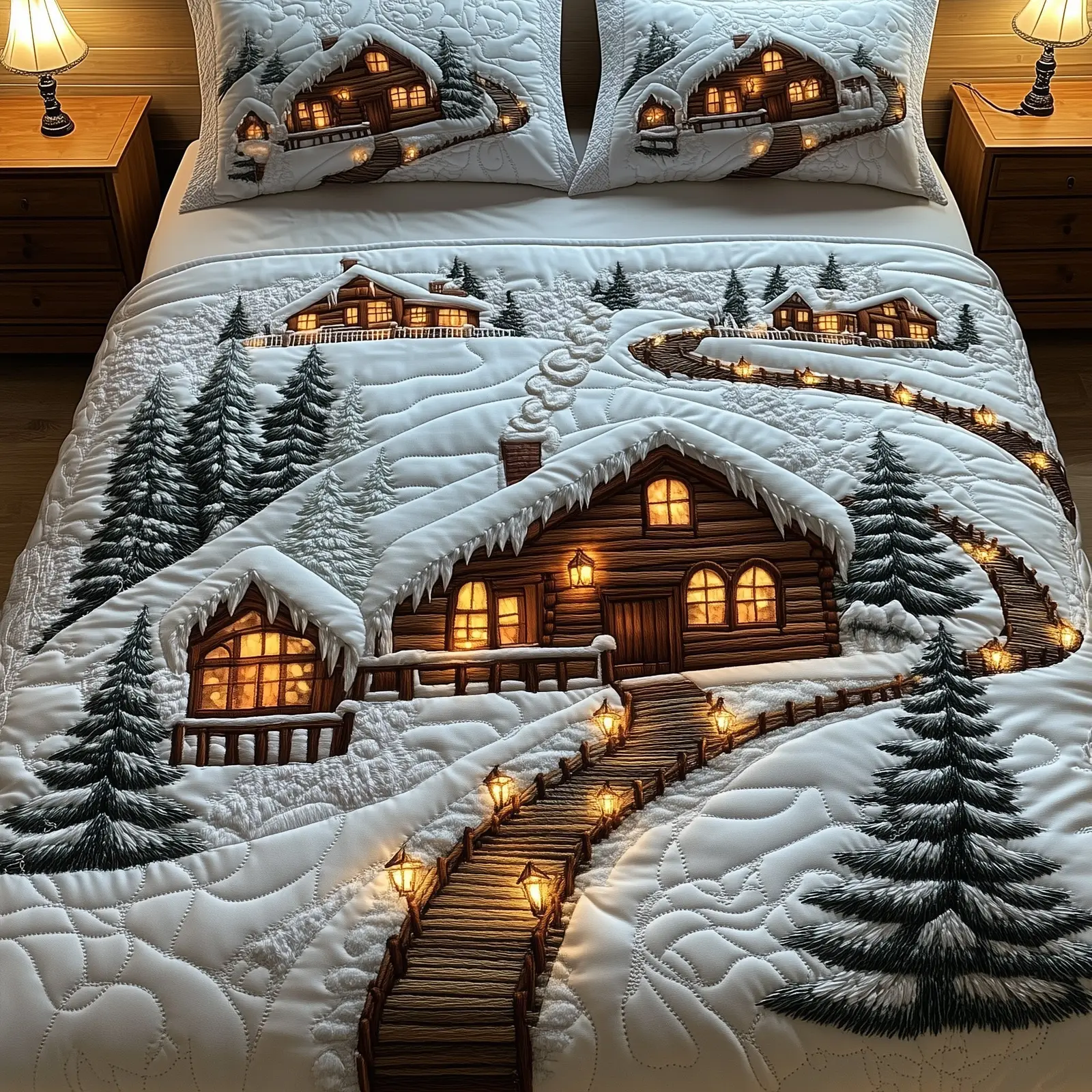 Snow Cabin Quilted Bedding Set Duvet Cover Bedspread Winter Holiday Presents