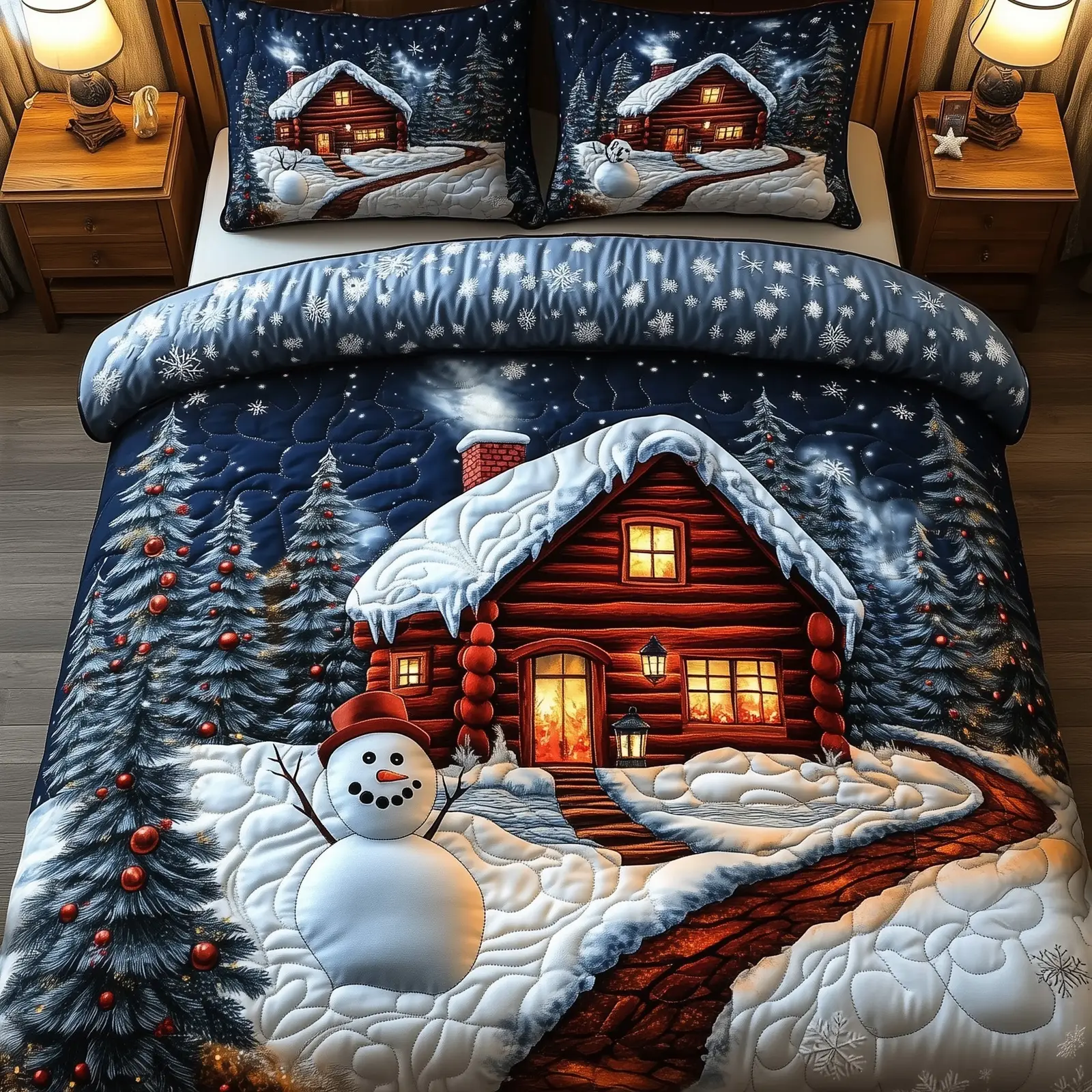 Snow Cabin Quilted Bedding Set Duvet Cover Bedspread Winter Holiday Presents For Family