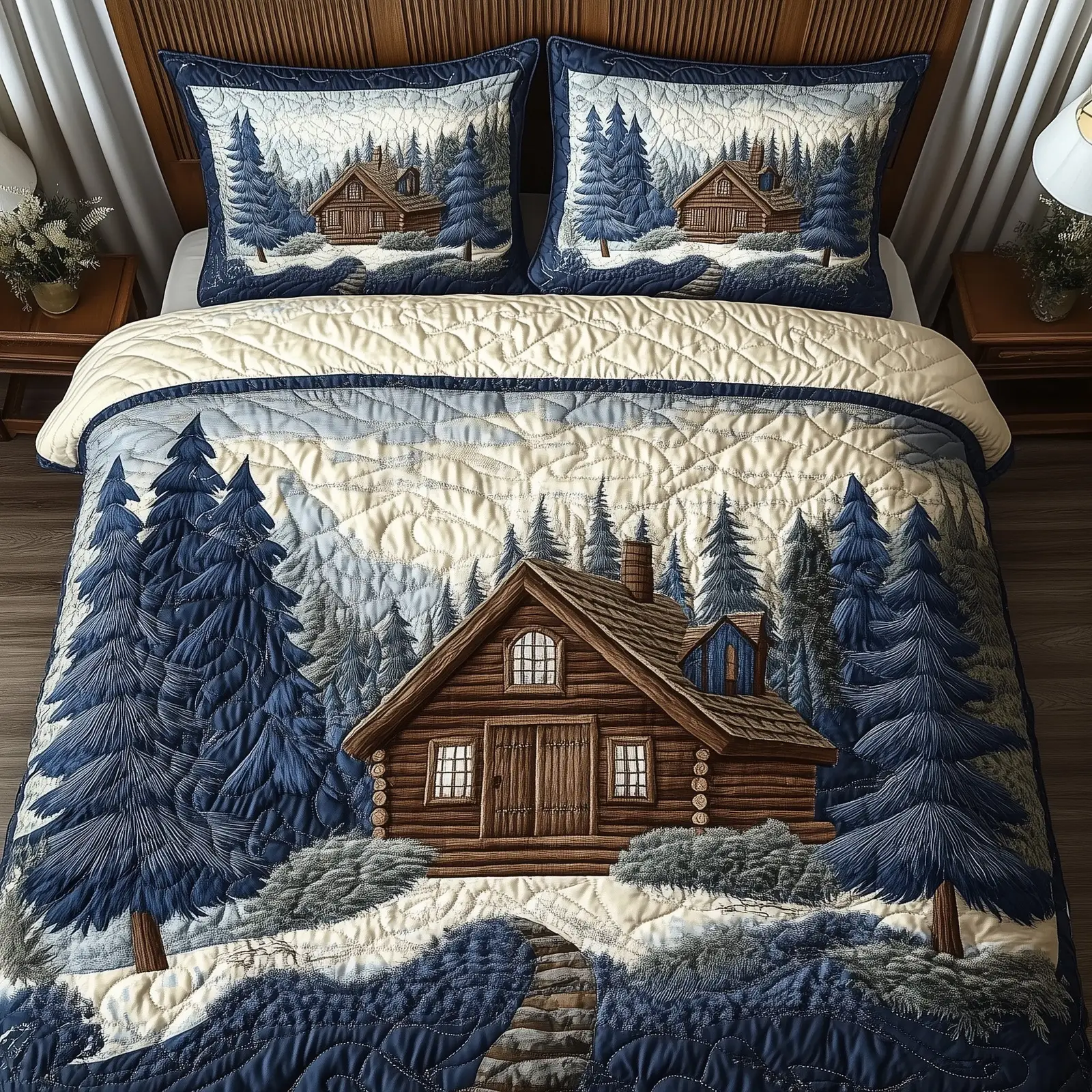 Snow Cabin Quilted Bedding Set Duvet Cover Bedspread Winter Holiday Presents For Husband Snow Cabin Quilted Bedding Set Duvet Cover Bedspread Winter Holiday Presents For Husband - Image 1