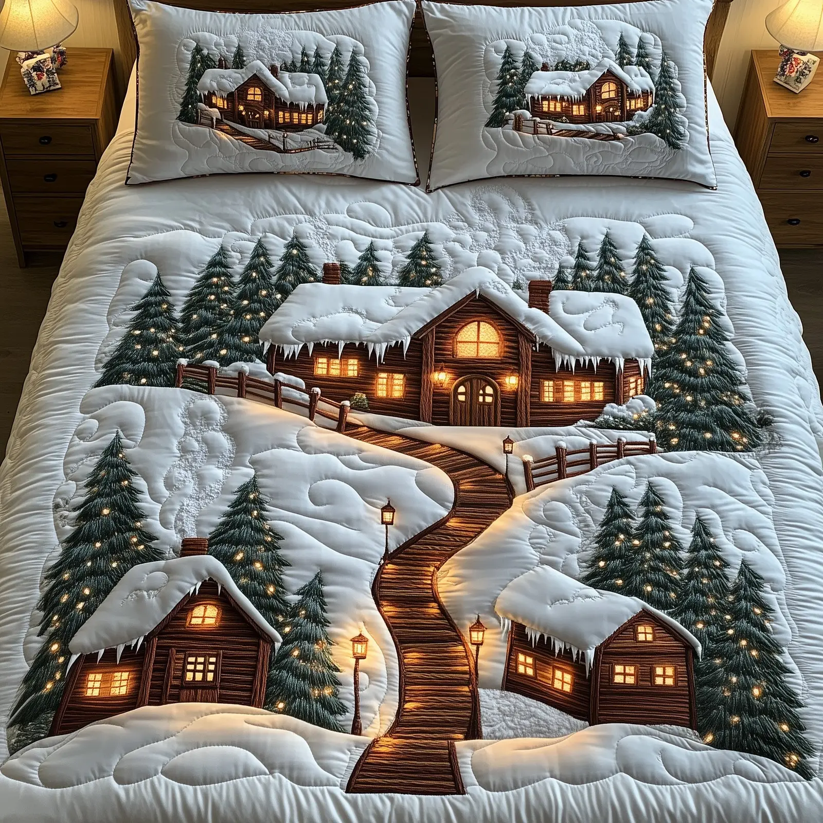 Snow Cabin Quilted Bedding Set Duvet Cover Bedspread Winter Holiday Presents For Wife