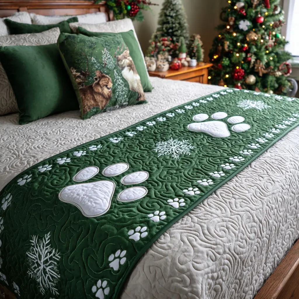 Snow Pawpath Quilted Bed Runner Snowy Paw Path Winter Gift for Animal Lovers