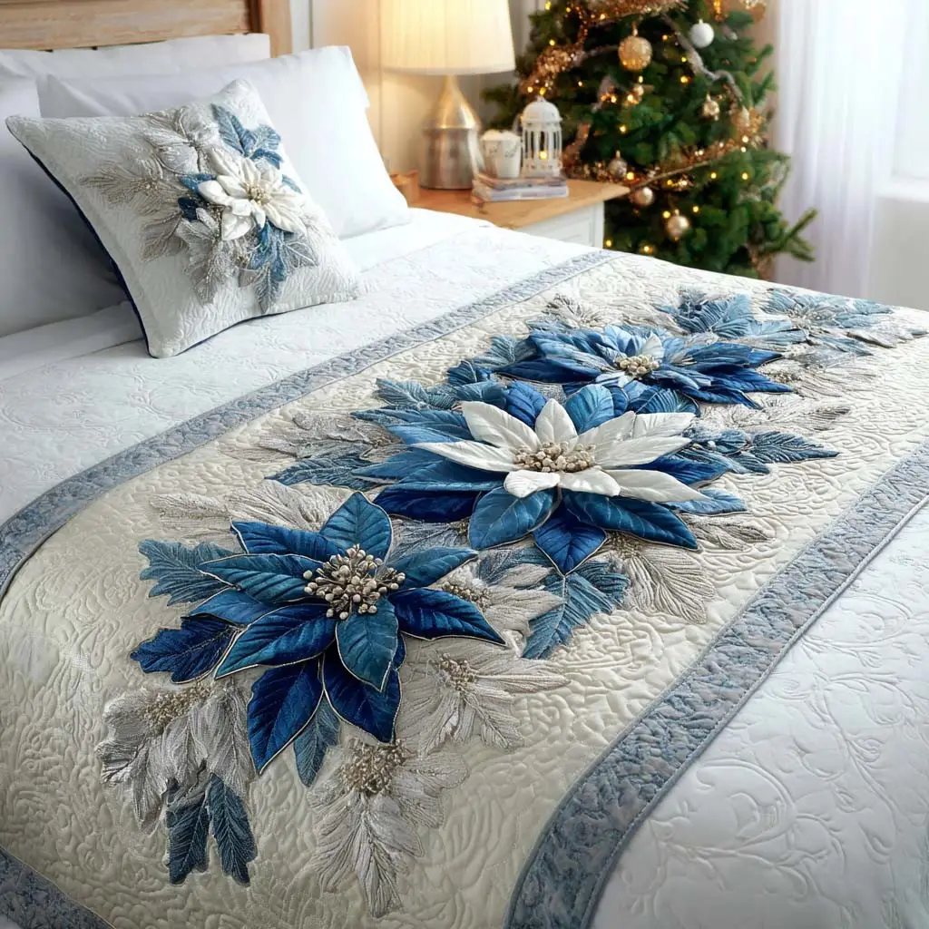 Snow Poinsettia Quilted Bed Runner Winter Poinsettia Bloom Christmas Gift for Mom