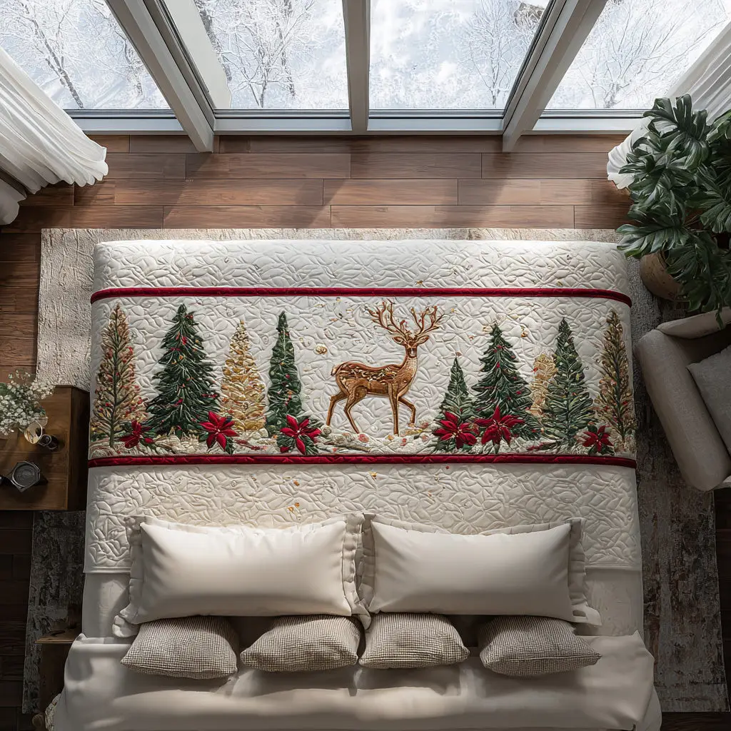 Snowbound Reindeer Quilted Bed Runner Playful Reindeer Theme Gift for Kids