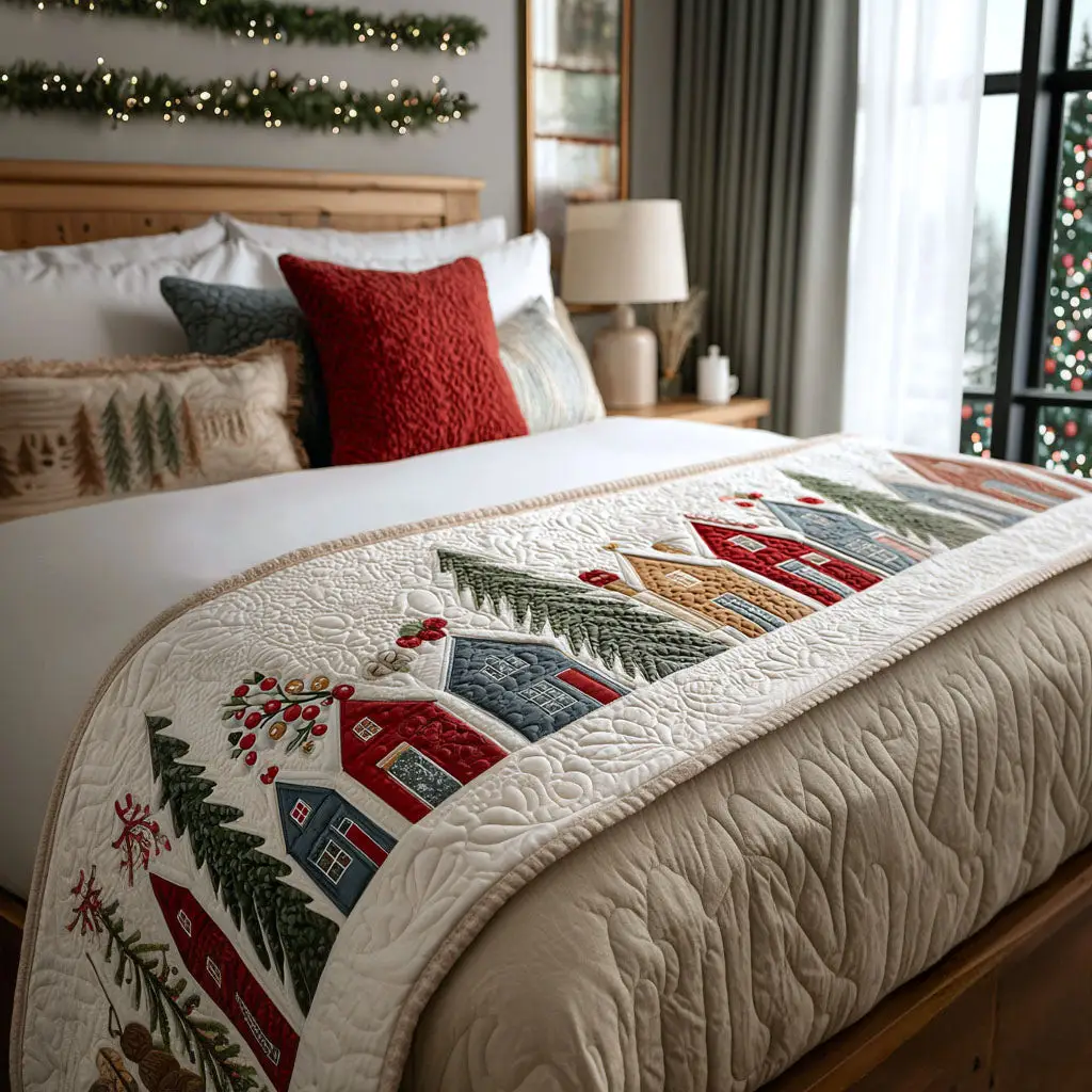 Snowcapped Village Quilted Bed Runner Snowcapped Village Scene Christmas Gift