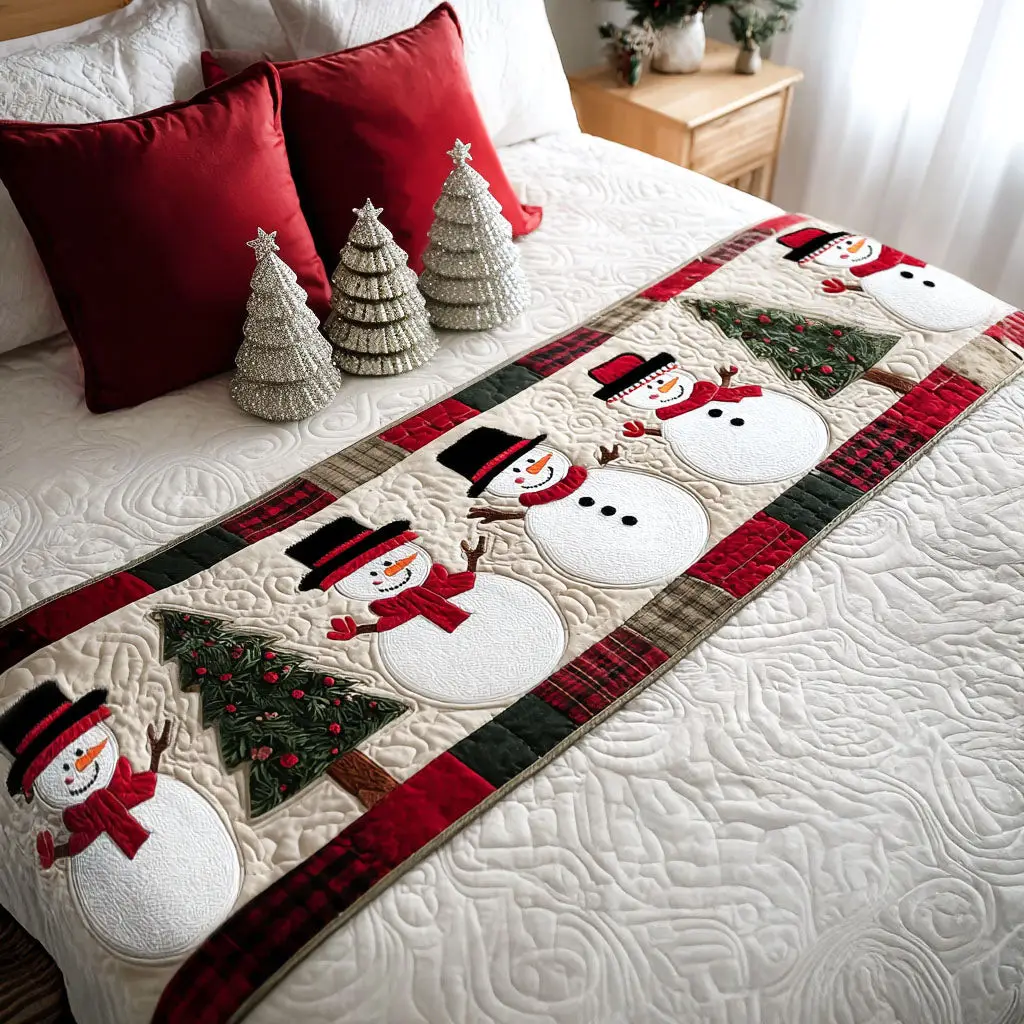 Snowman Cheer Quilted Bed Runner Cute Snowman Theme Gift for Kids