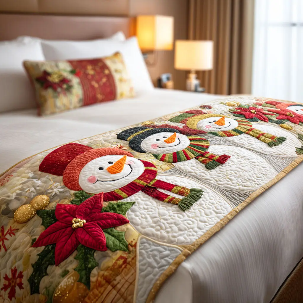 Snowman Cheer Quilted Bed Runner Snowman Holiday Cheer Winter Gift Snowman Cheer Quilted Bed Runner Snowman Holiday Cheer Winter Gift - Image 1